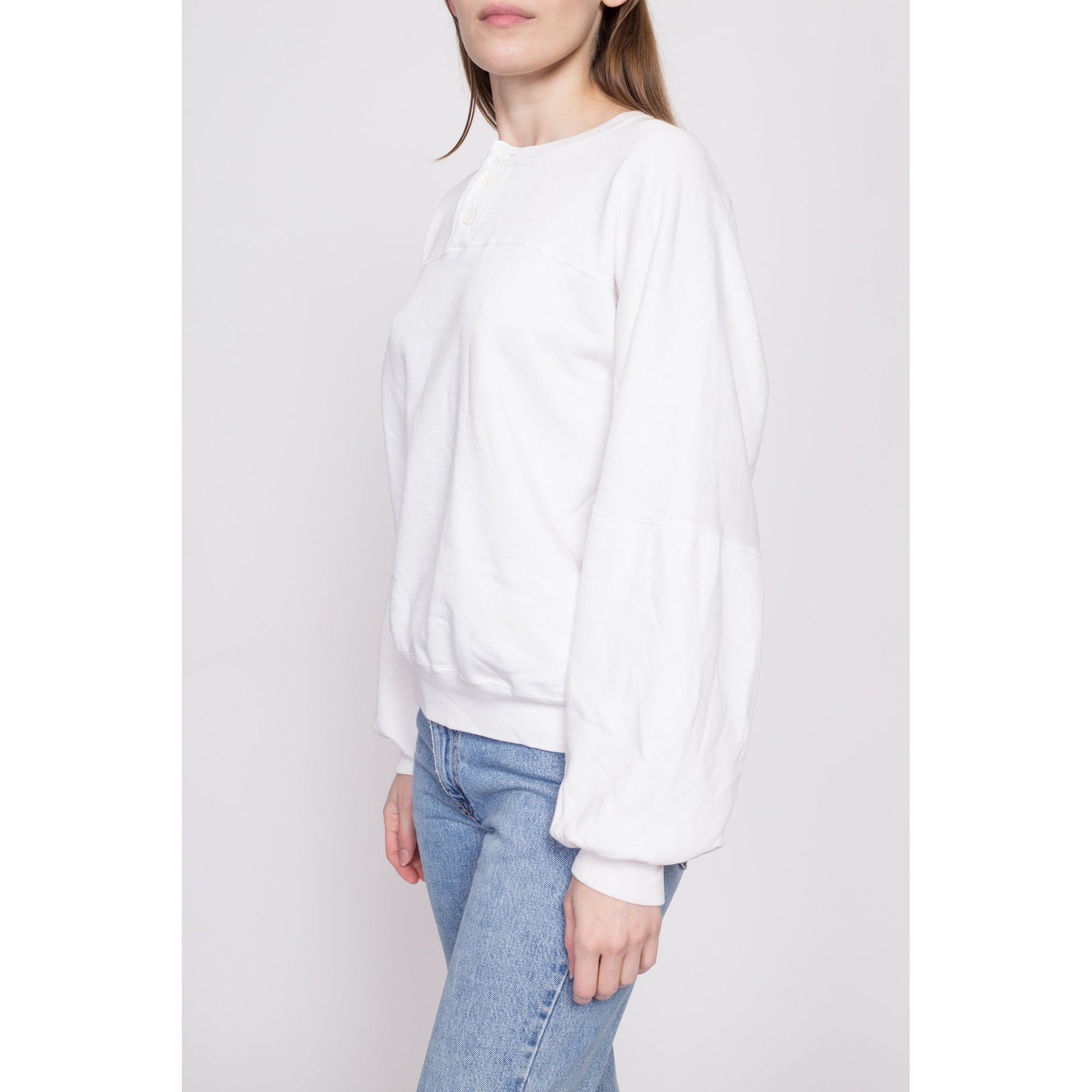 80s White Henley Sweatshirt - Extra Large | Vintage Plain Quarter Button Pullover