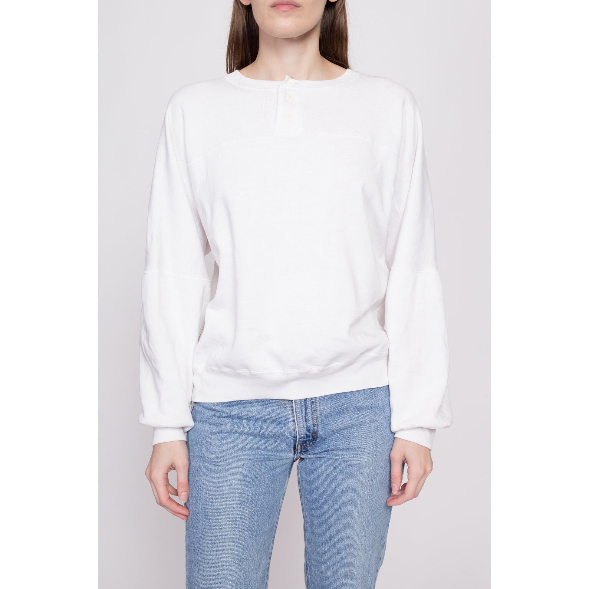 80s White Henley Sweatshirt - Extra Large | Vintage Plain Quarter Button Pullover