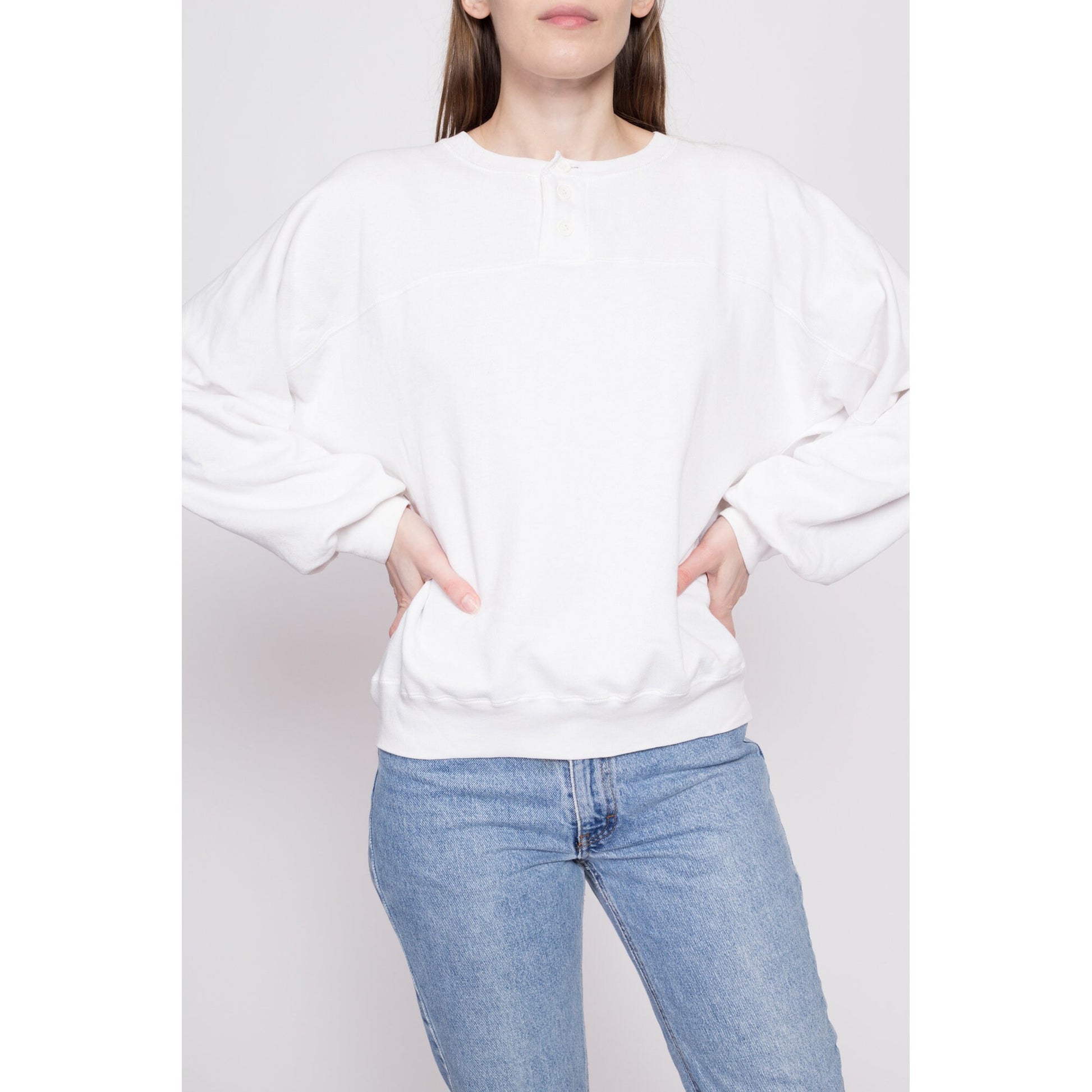 80s White Henley Sweatshirt - Extra Large | Vintage Plain Quarter Button Pullover