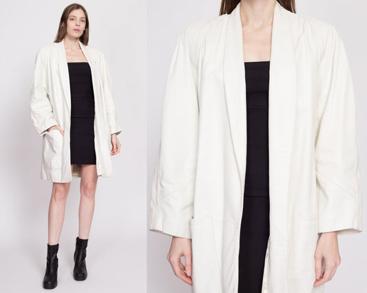 80s White Leather Oversize Jacket - Medium | Vintage Tibor Long Open Fit Tunic Coat