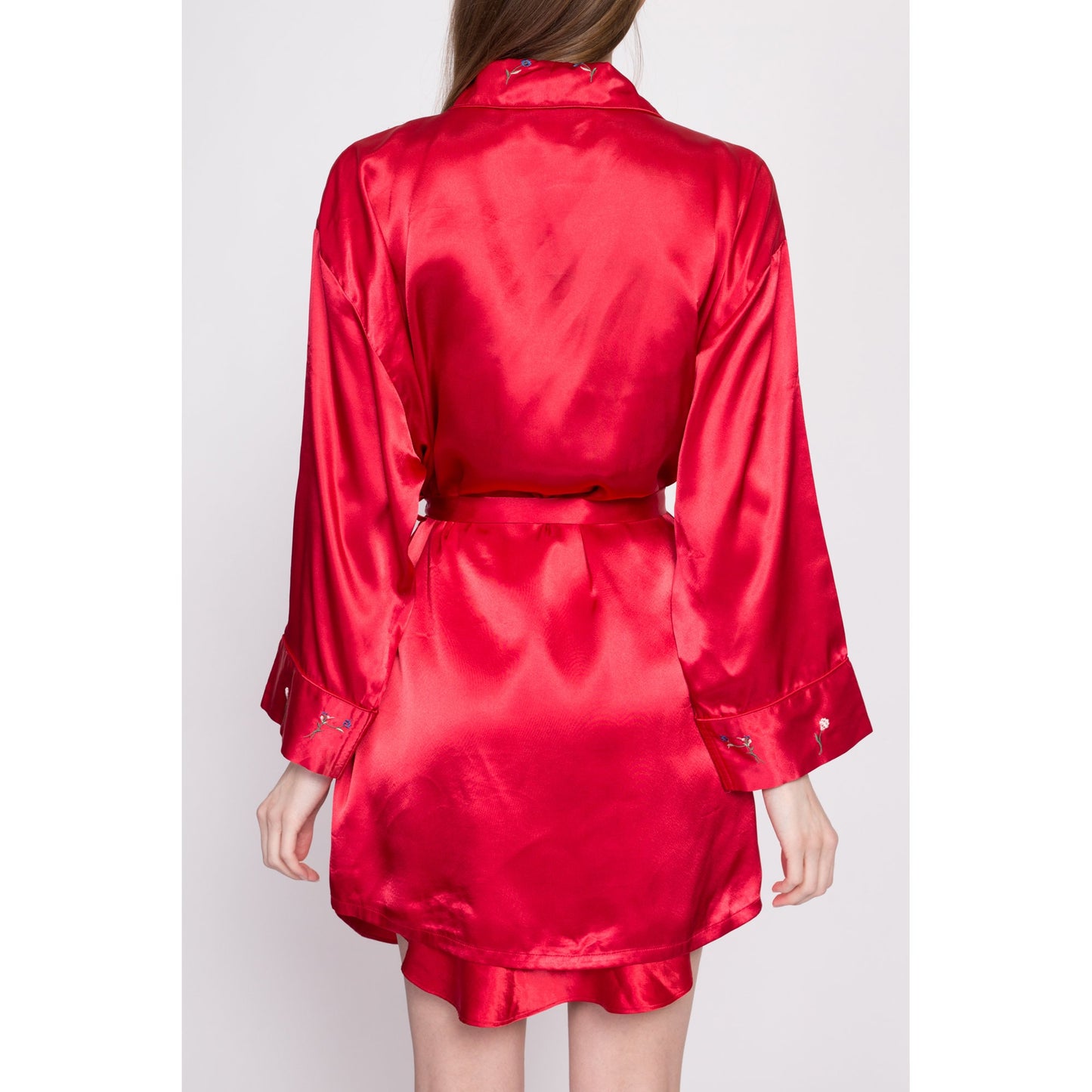 90s Red Satin Floral Embroidered Peignoir Set - Medium | Vintage Mini Nightgown Kimono Loungewear Matching Two Piece Outfit