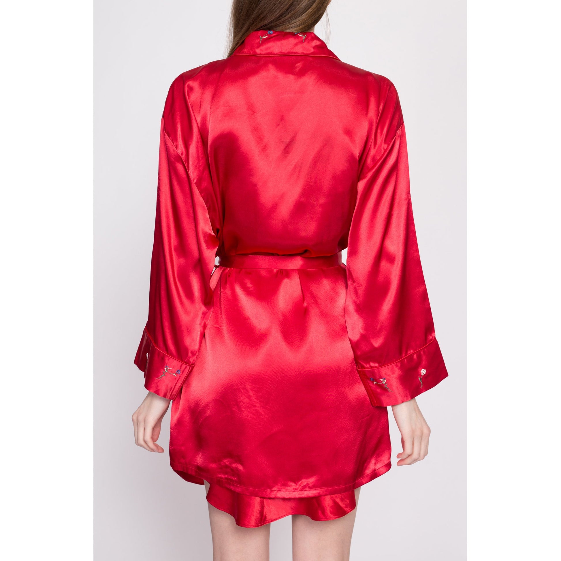 90s Red Satin Floral Embroidered Peignoir Set - Medium | Vintage Mini Nightgown Kimono Loungewear Matching Two Piece Outfit
