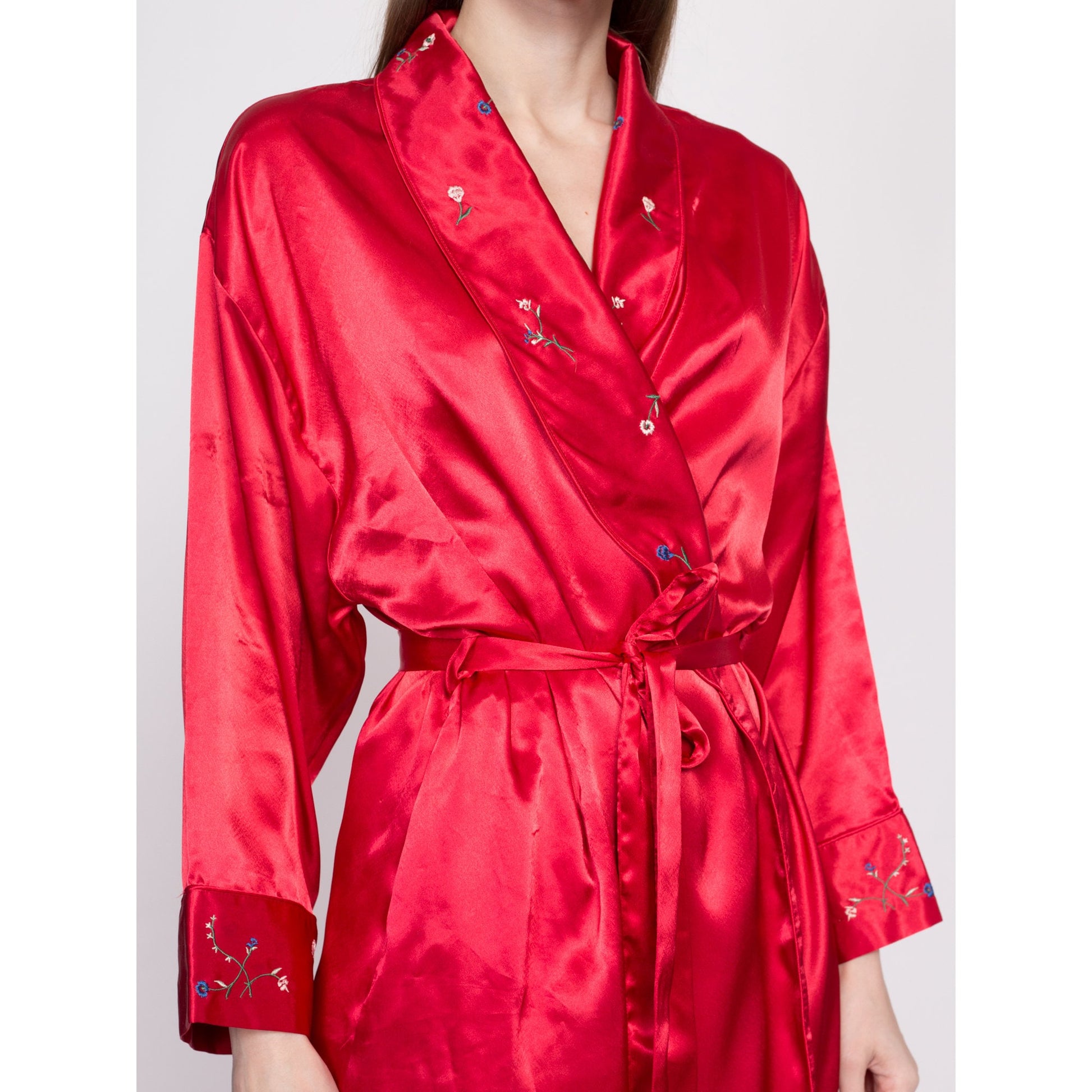 90s Red Satin Floral Embroidered Peignoir Set - Medium | Vintage Mini Nightgown Kimono Loungewear Matching Two Piece Outfit
