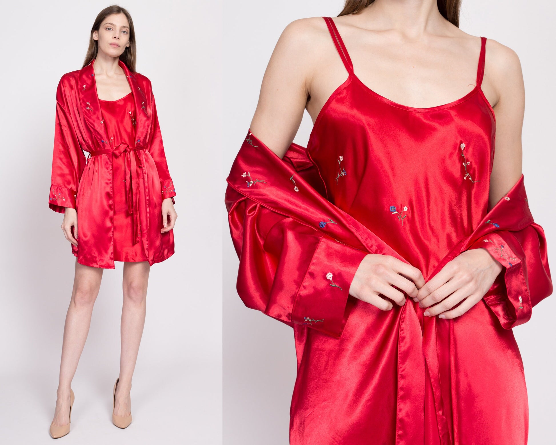 90s Red Satin Floral Embroidered Peignoir Set - Medium | Vintage Mini Nightgown Kimono Loungewear Matching Two Piece Outfit