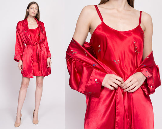 90s Red Satin Floral Embroidered Peignoir Set - Medium | Vintage Mini Nightgown Kimono Loungewear Matching Two Piece Outfit
