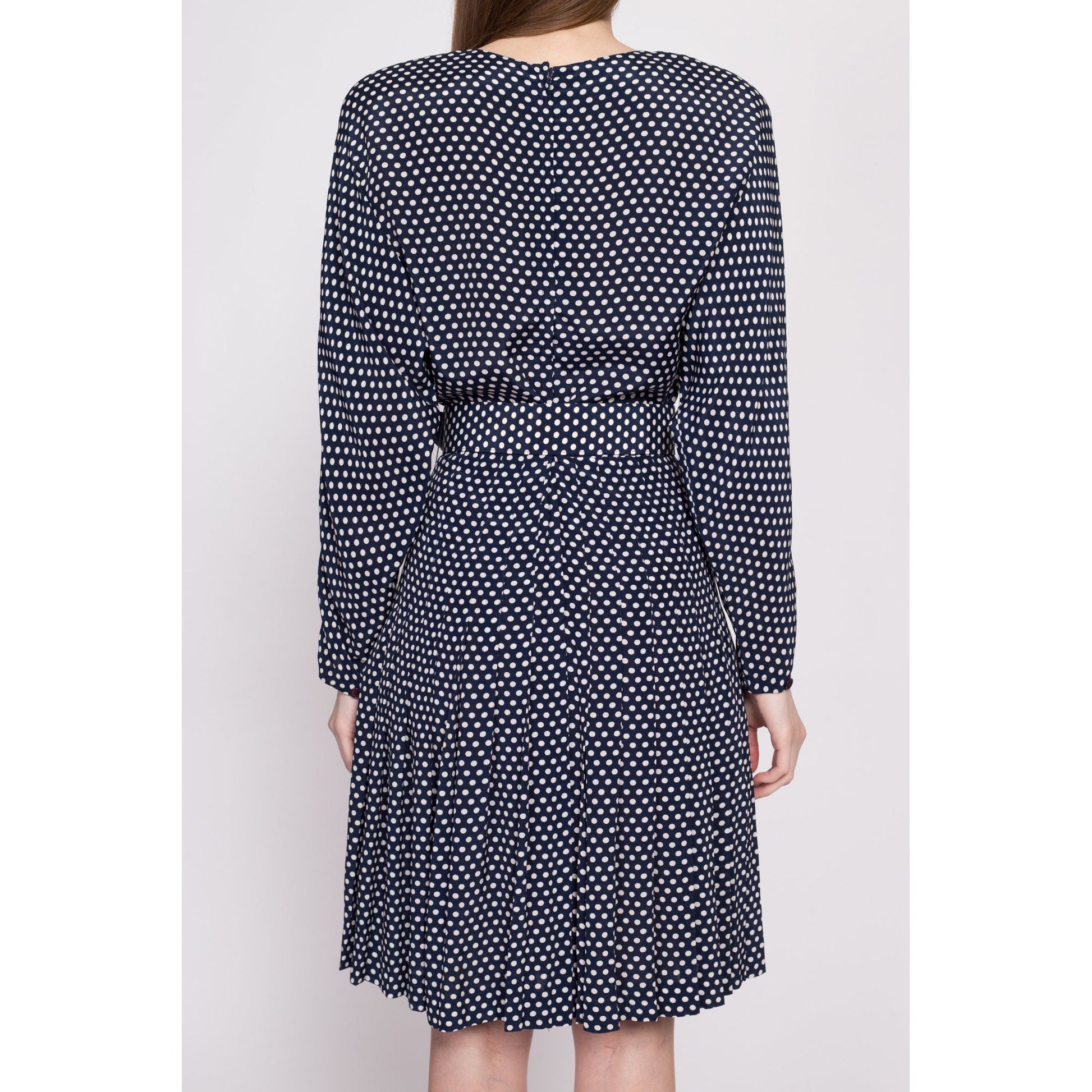 80s Polka Dot Belted Dolman Sleeve Dress - Small | Vintage Ann Tjian Kenar Navy Blue Pleated Secretary Midi Dress
