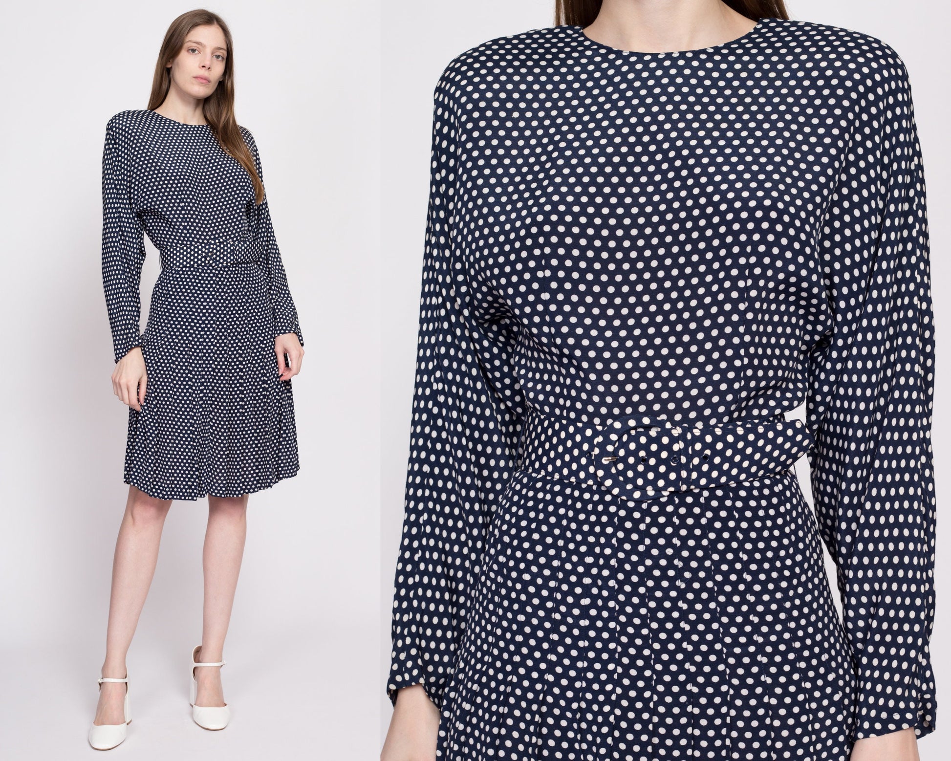 80s Polka Dot Belted Dolman Sleeve Dress - Small | Vintage Ann Tjian Kenar Navy Blue Pleated Secretary Midi Dress