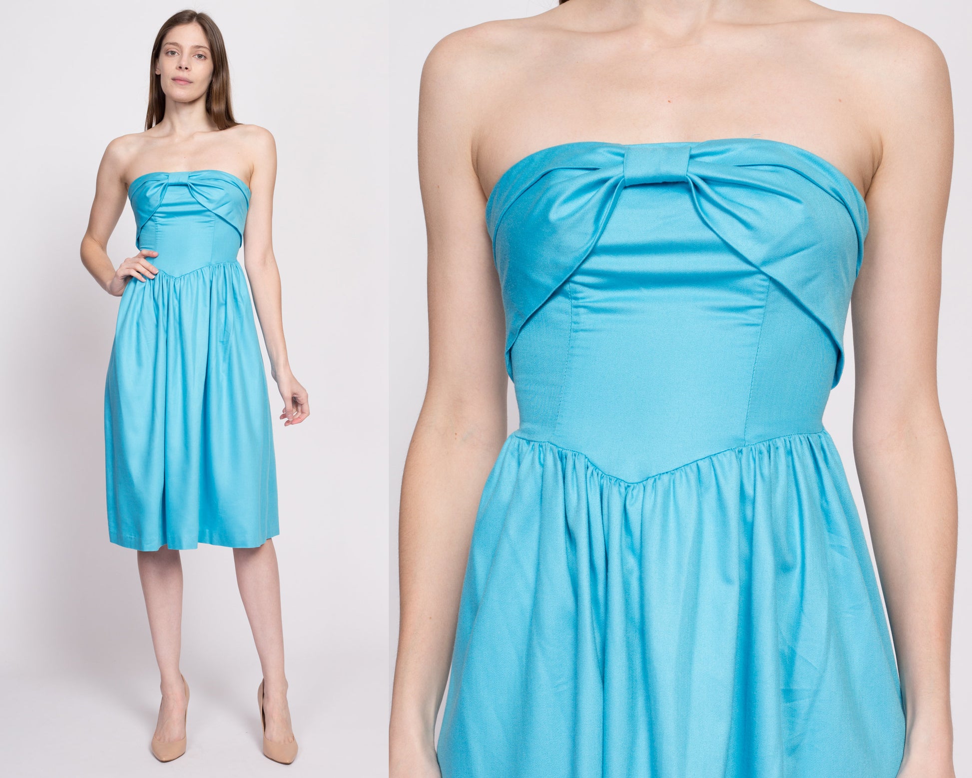 80s Blue Strapless Fit & Flare Dress - Extra Small | Retro Vintage Retro Midi Sundress