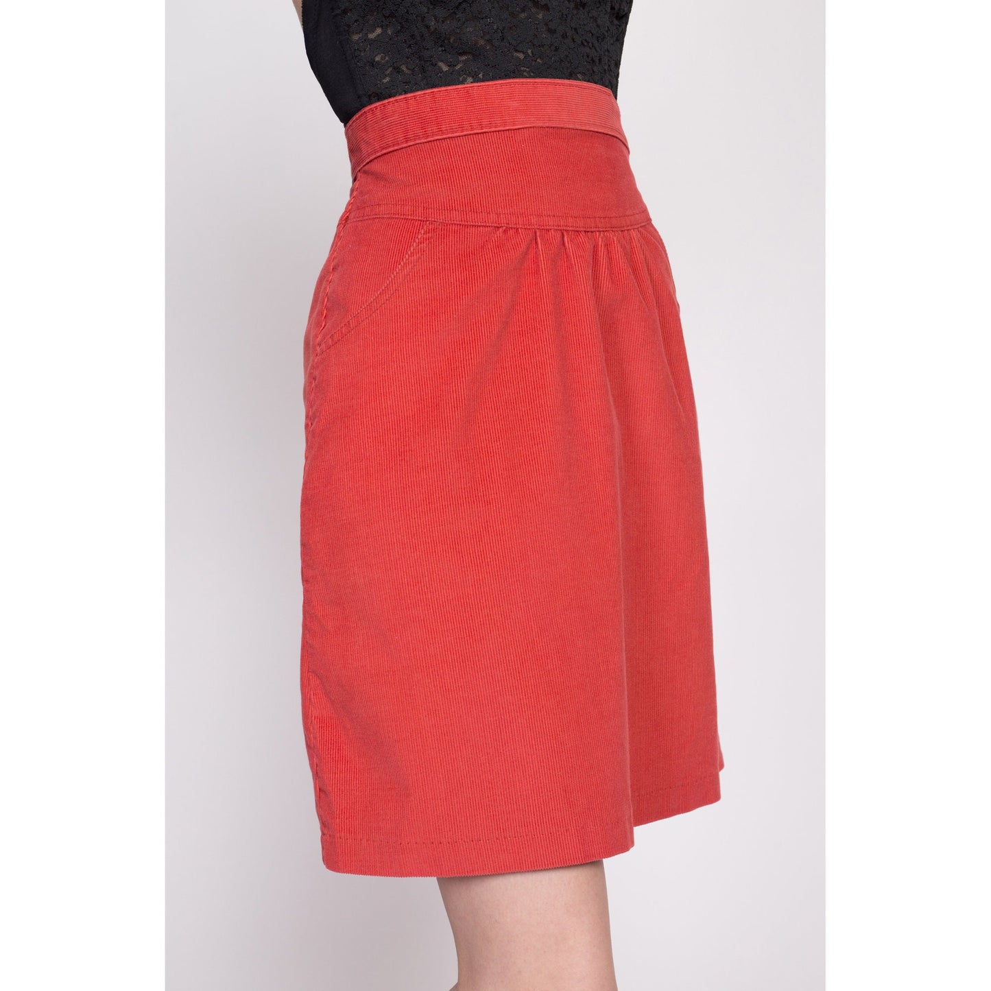 70s Coral Red Corduroy Mini Skirt - Small, 26.5" | Vintage Plain Schoolgirl A Line Side Zip Skirt