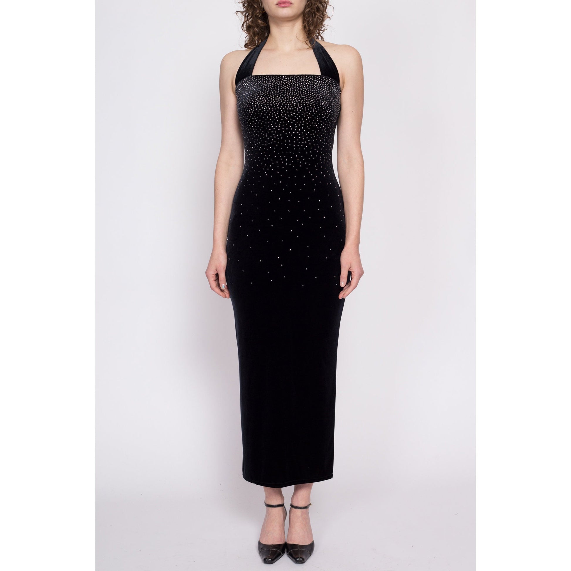 90s Y2K Sparkle Gradient Black Velvet Bodycon Dress - XS to Small | Vintage Scott McClintock Halter Gown