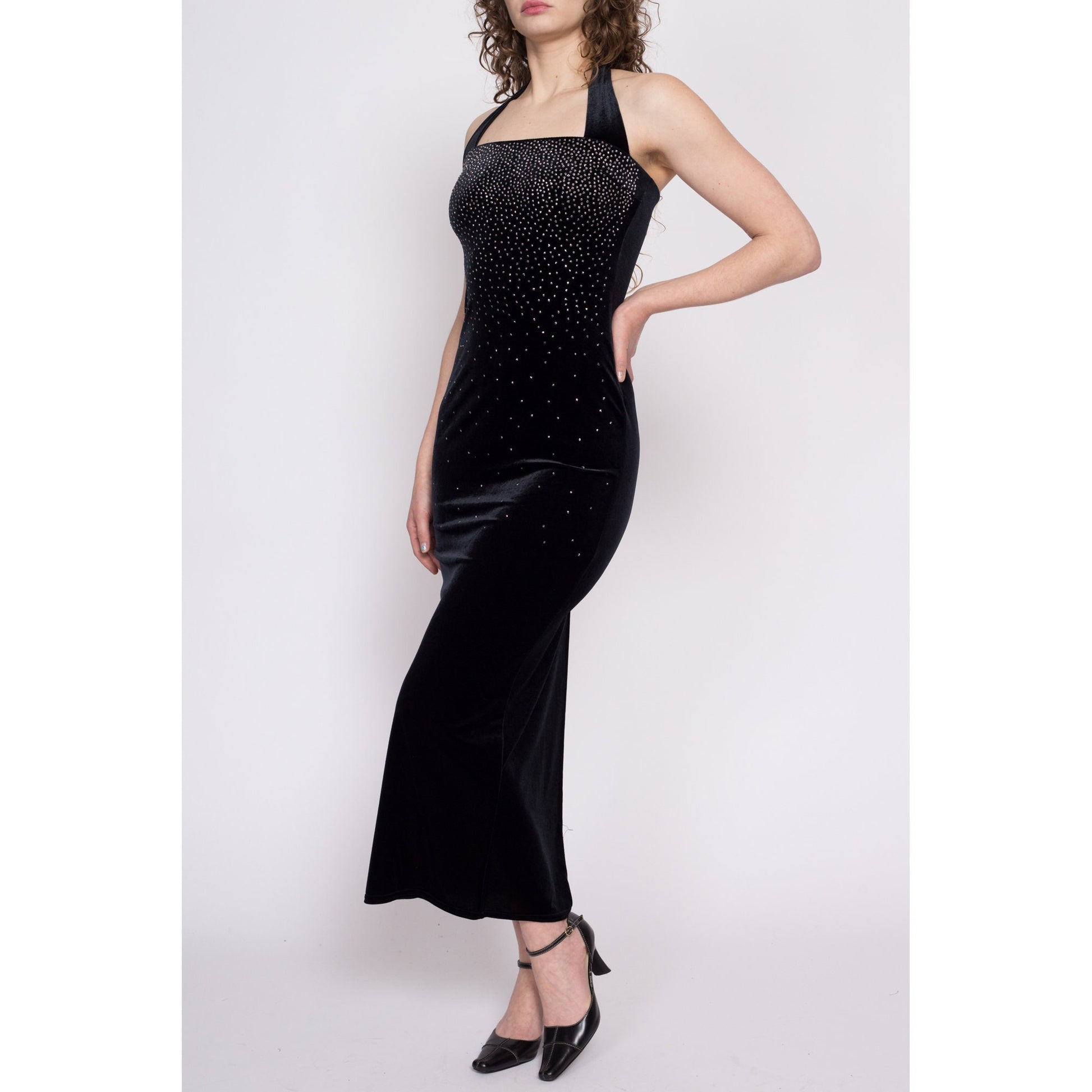 90s Y2K Sparkle Gradient Black Velvet Bodycon Dress - XS to Small | Vintage Scott McClintock Halter Gown