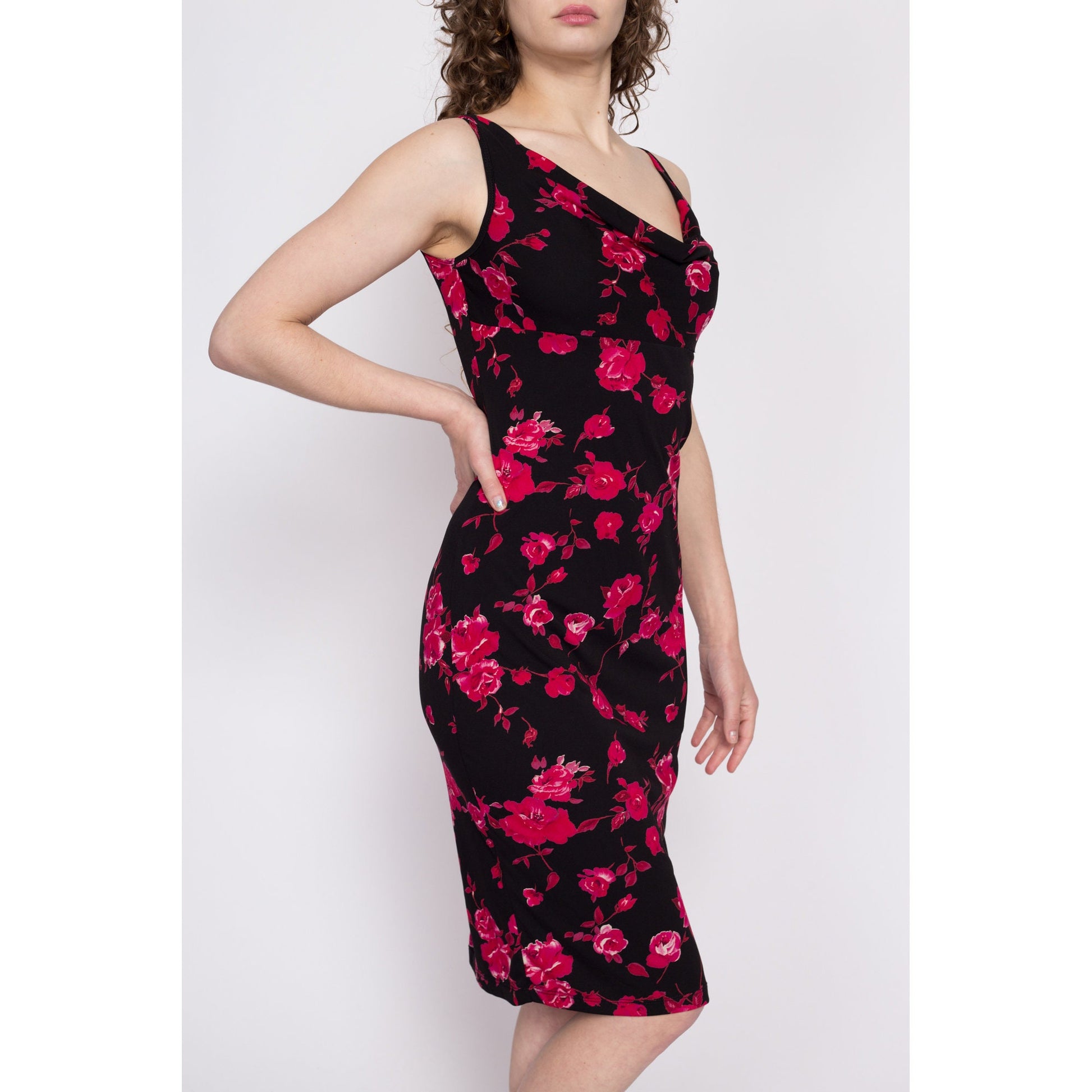 90s Black Rose Floral Cowl Neck Dress - Small to Medium Flying Apple Vintage 90s Black Rose Floral Cowl Neck Dress - Small to Medium Flying Apple Vintage
