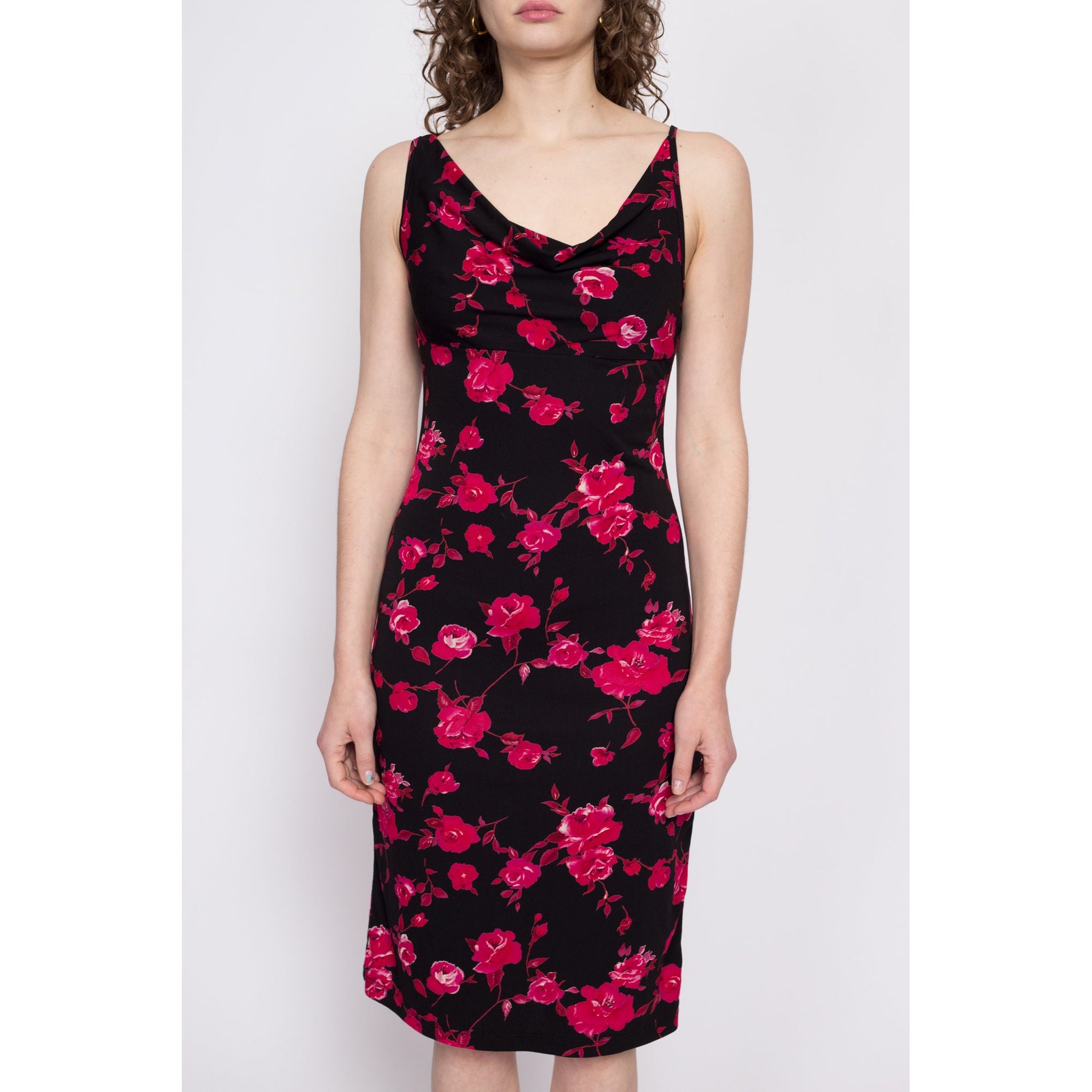 90s Black Rose Floral Cowl Neck Dress - Small to Medium | Vintage Slinky Sleeveless Midi Party Dress