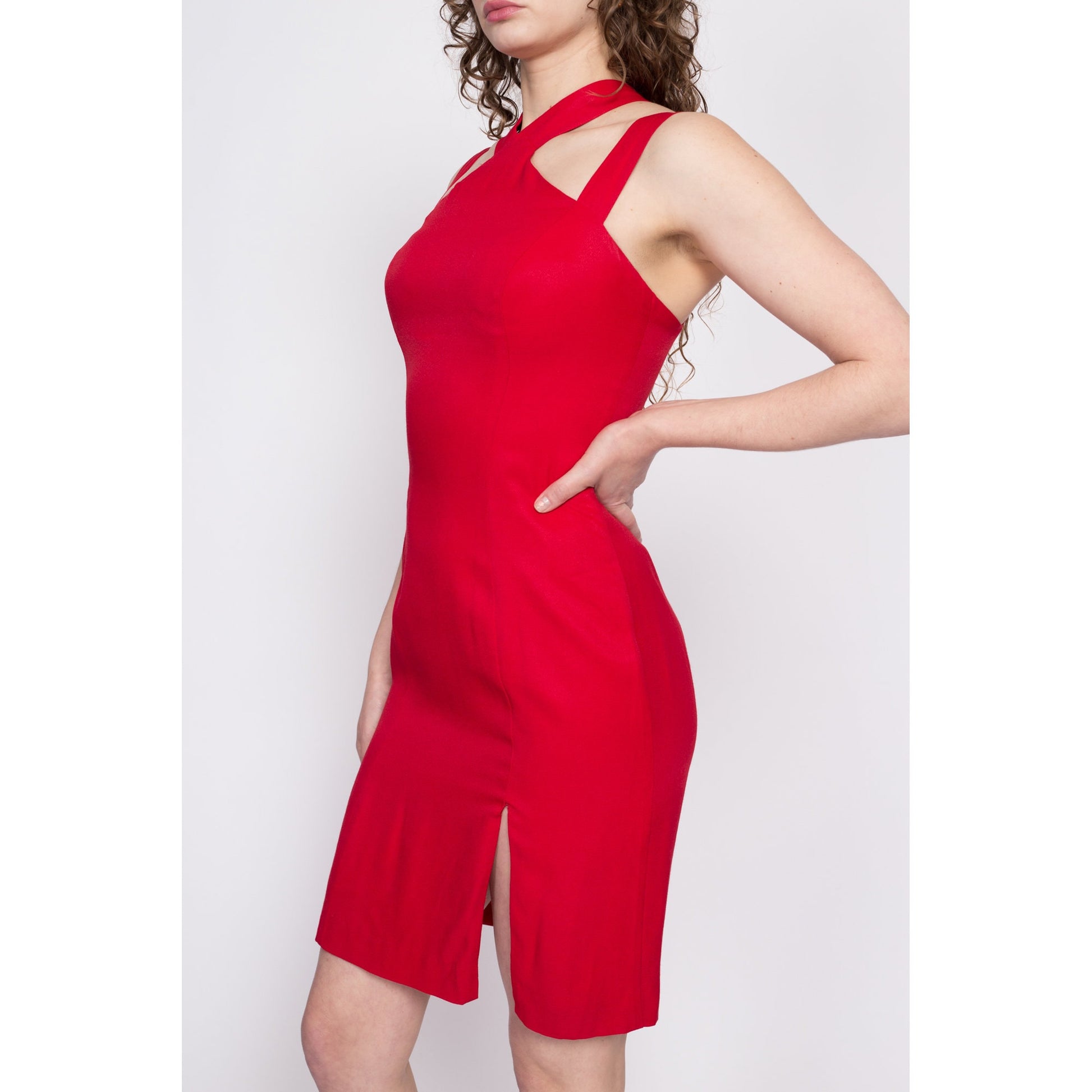 90s Red Strappy Cross Back Mini Dress - Small | Vintage Thigh Slit Fitted Party Dress
