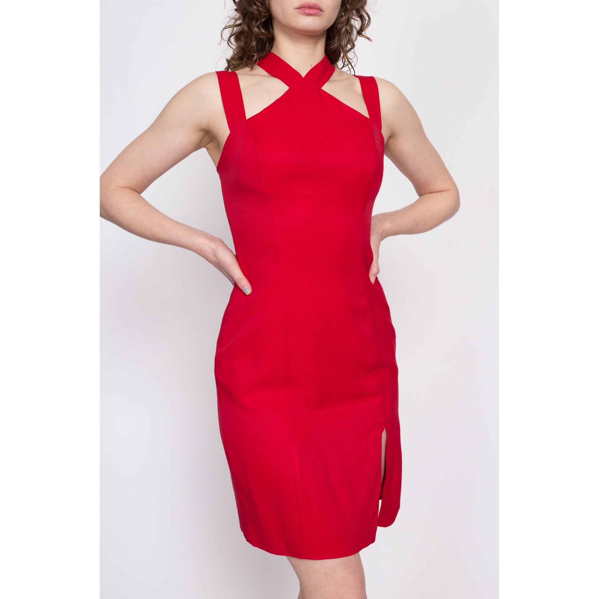 90s Red Strappy Cross Back Mini Dress - Small | Vintage Thigh Slit Fitted Party Dress