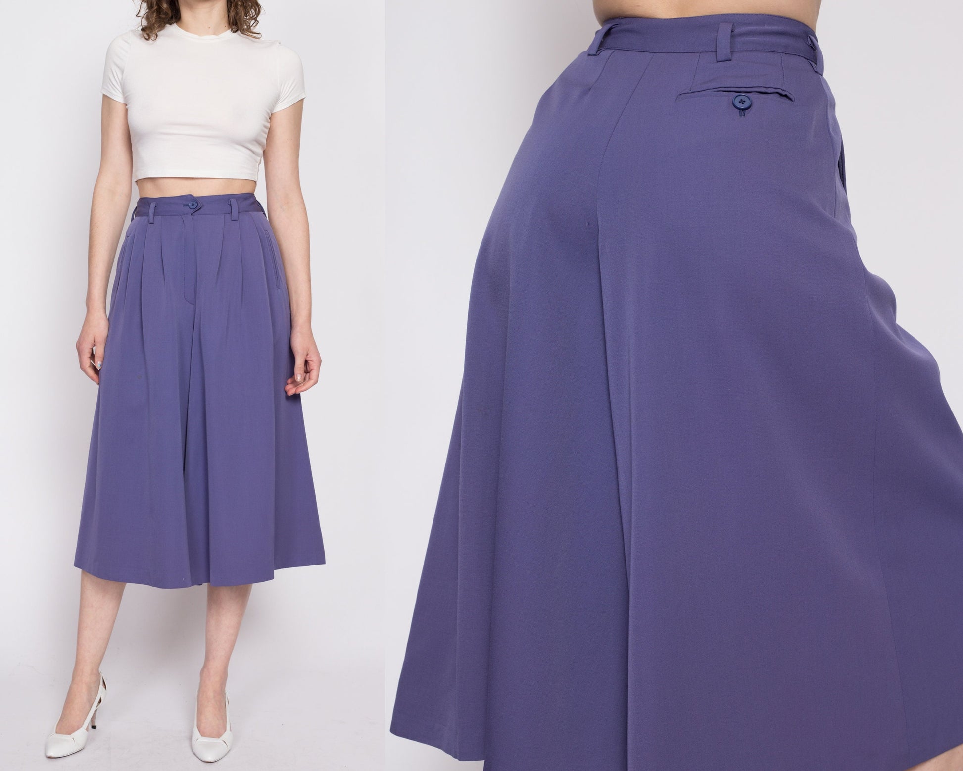 70s 80s Christian Aujard Lilac Purple High Waisted Culottes - Small, 25.75" | Vintage Casual Pleated Long Wool Trouser Shorts