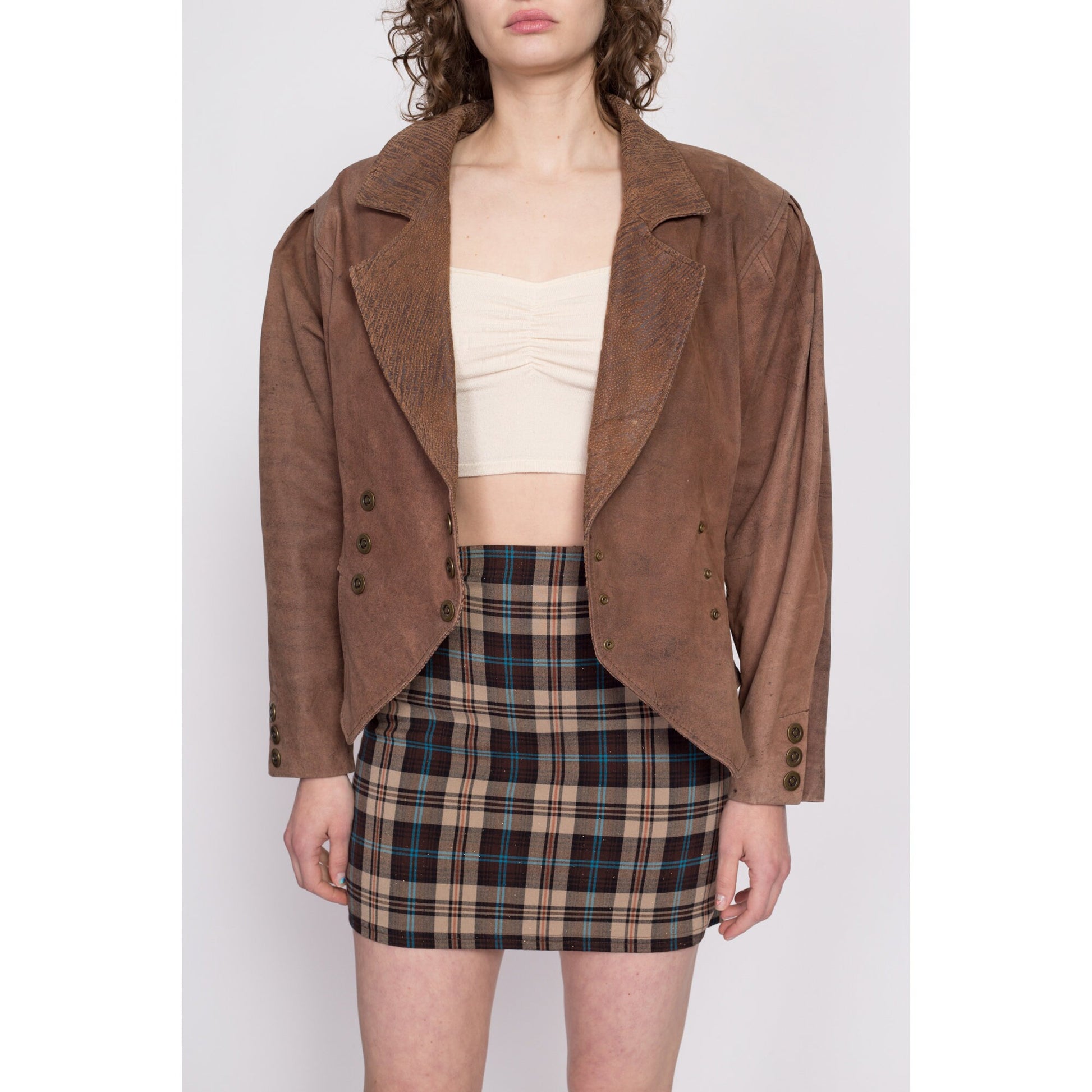 80s G-III Suede Cinched Waist Cropped Jacket - Medium | Vintage Oversized Brown Leather Double Breasted Bomber Coat