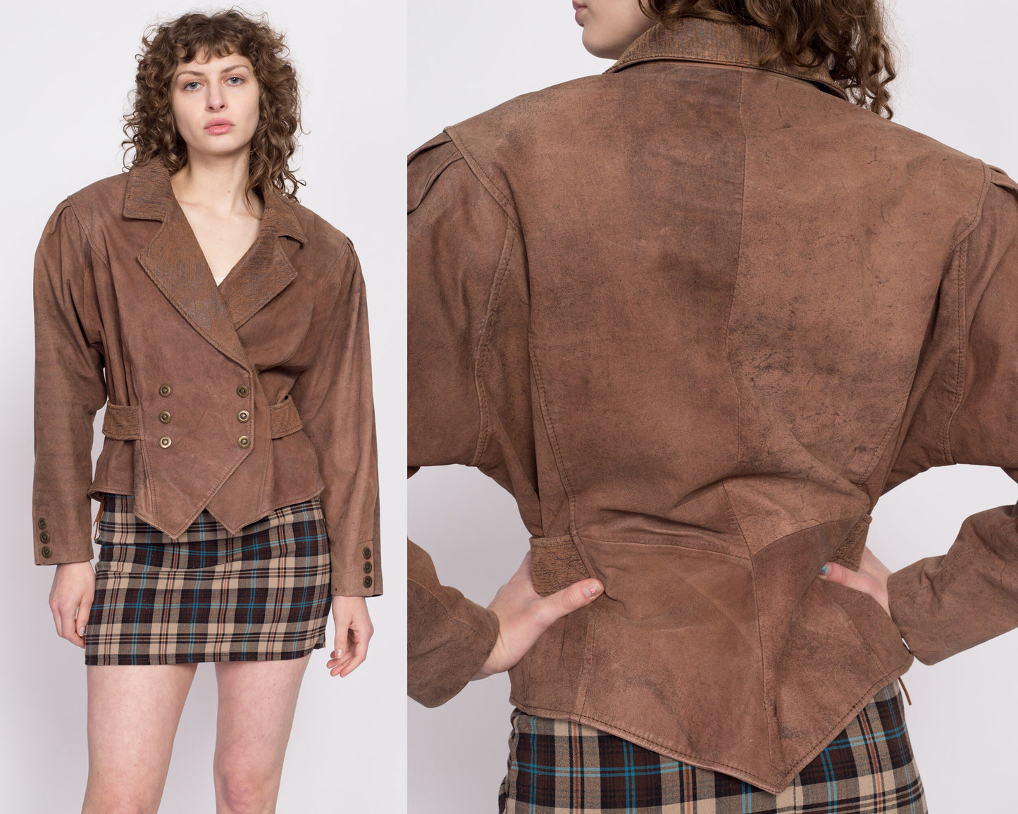 80s G-III Suede Cinched Waist Cropped Jacket - Medium | Vintage Oversized Brown Leather Double Breasted Bomber Coat