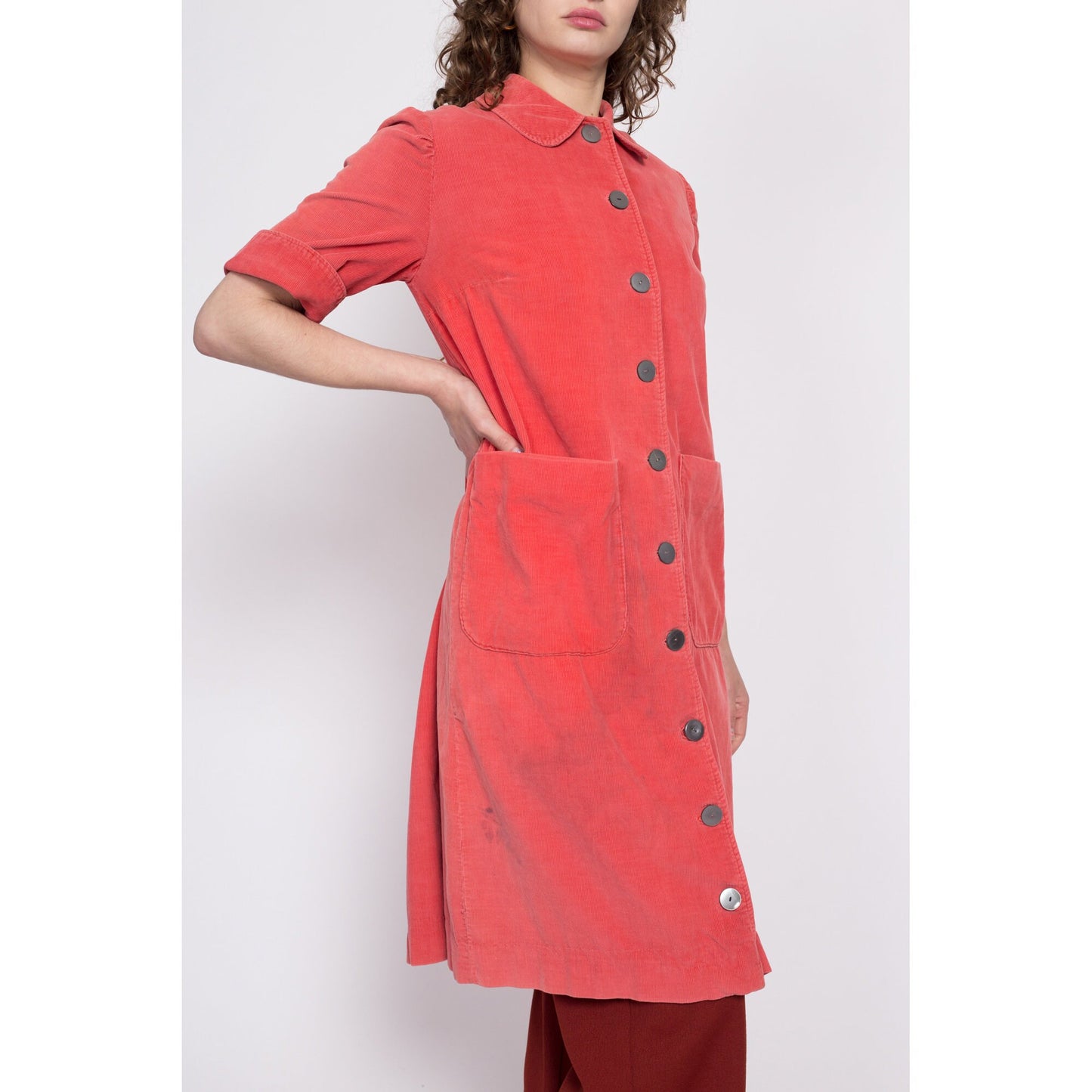 1950s Salmon Corduroy Housecoat, As Is - Large | Vintage 50s Puff Sleeve Abalone Button Up Midi Robe