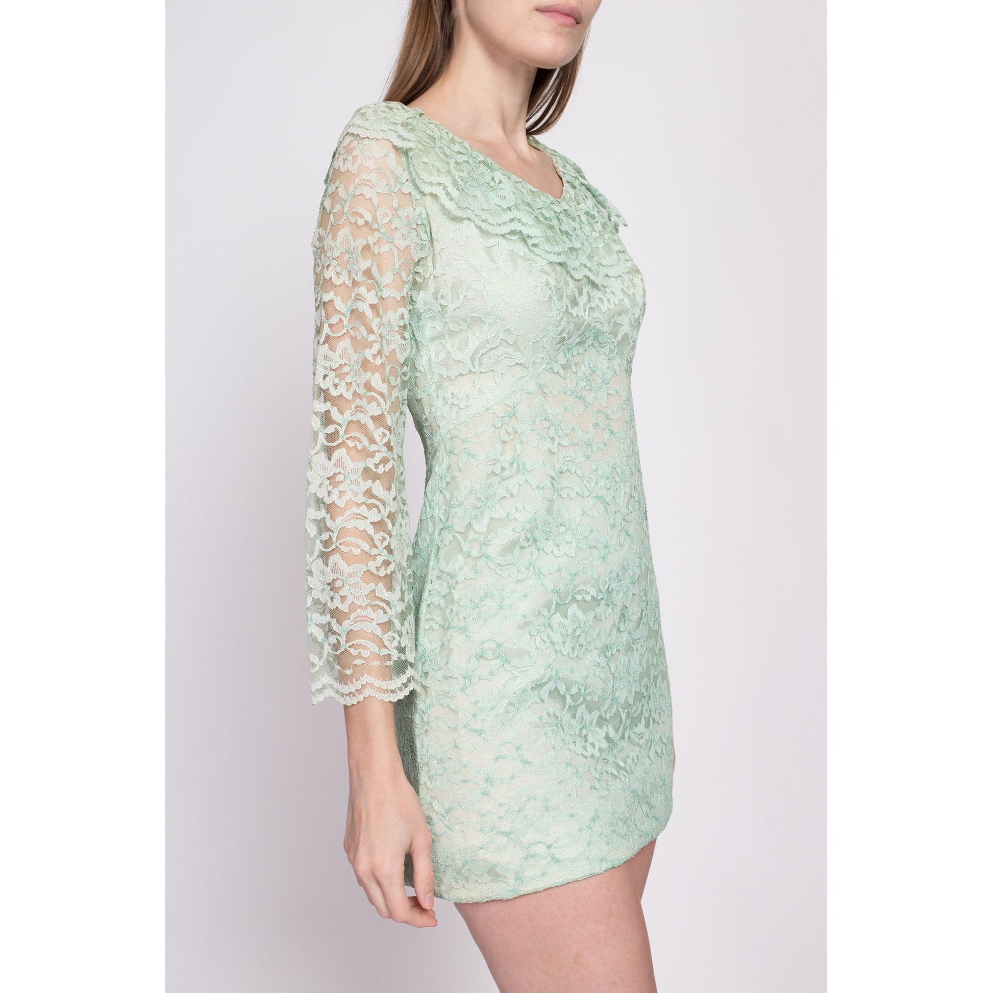60s Mint Green Lace Micro Mini Dress, As Is - Extra Small Flying Apple Vintage 60s Mint Green Lace Micro Mini Dress, As Is - Extra Small Flying Apple Vintage