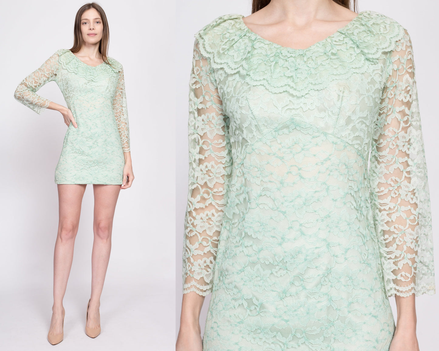 60s Mint Green Lace Micro Mini Dress, As Is - Extra Small | Vintage 1960s Bell Sleeve Lolita Babydoll Party Dress