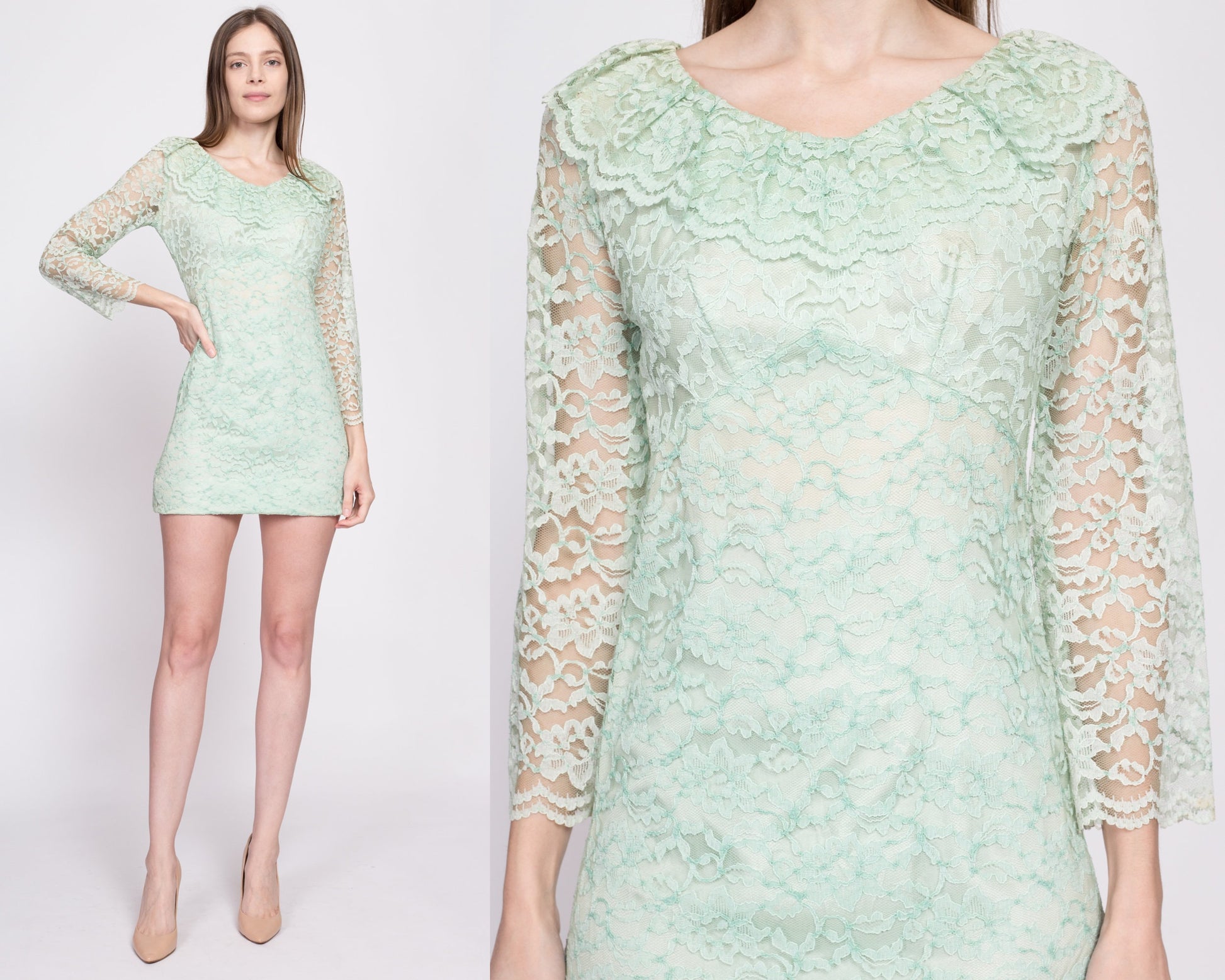 60s Mint Green Lace Micro Mini Dress, As Is - Extra Small | Vintage 1960s Bell Sleeve Lolita Babydoll Party Dress