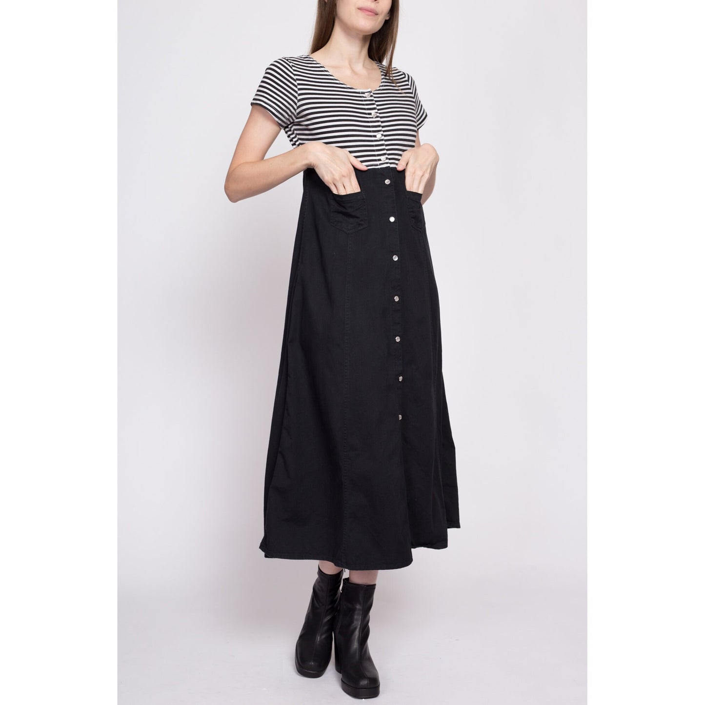 90s Grunge Two Tone Striped Midi Dress - Small | Vintage Button Front A Line Black & White Pocket Dress