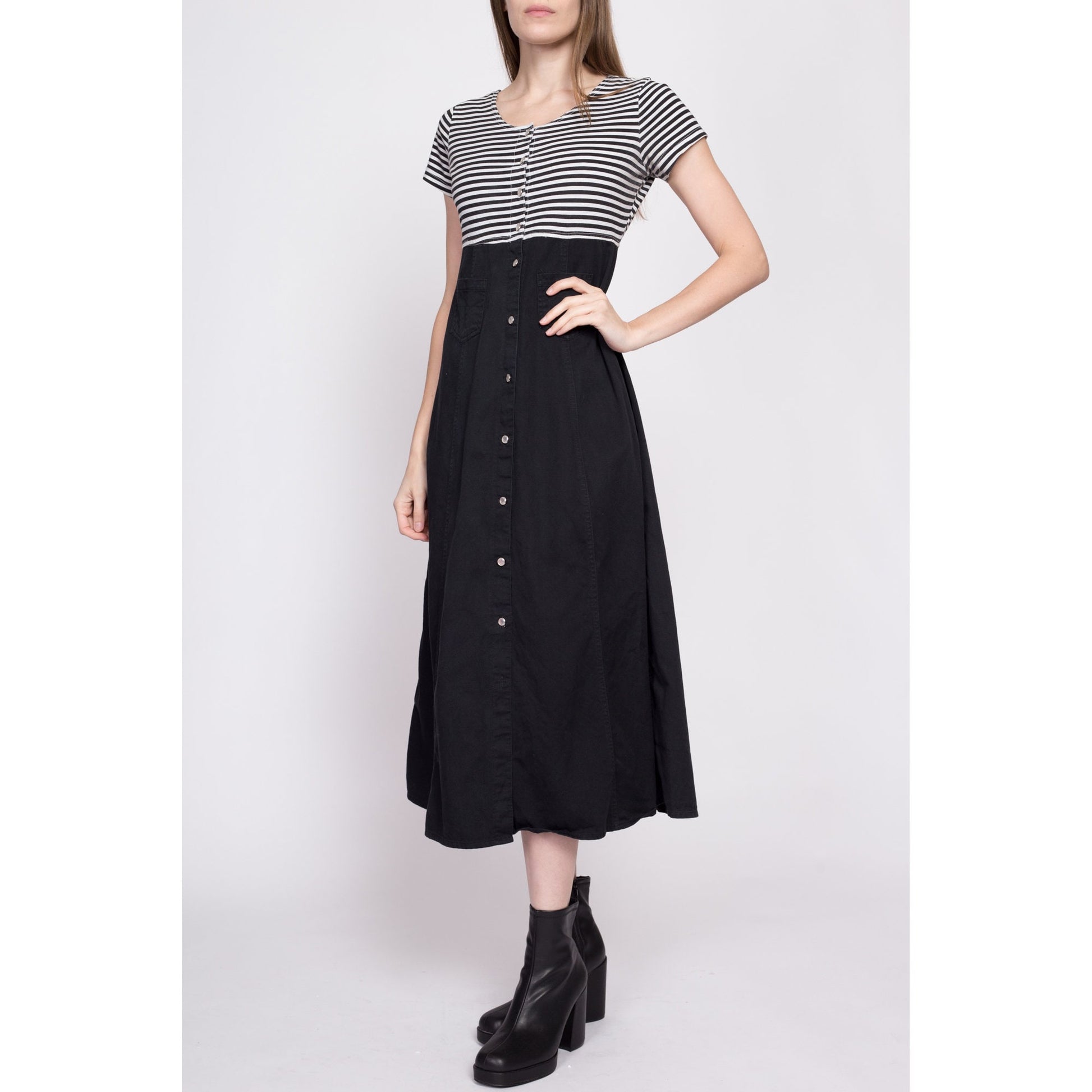 90s Grunge Two Tone Striped Midi Dress - Small | Vintage Button Front A Line Black & White Pocket Dress