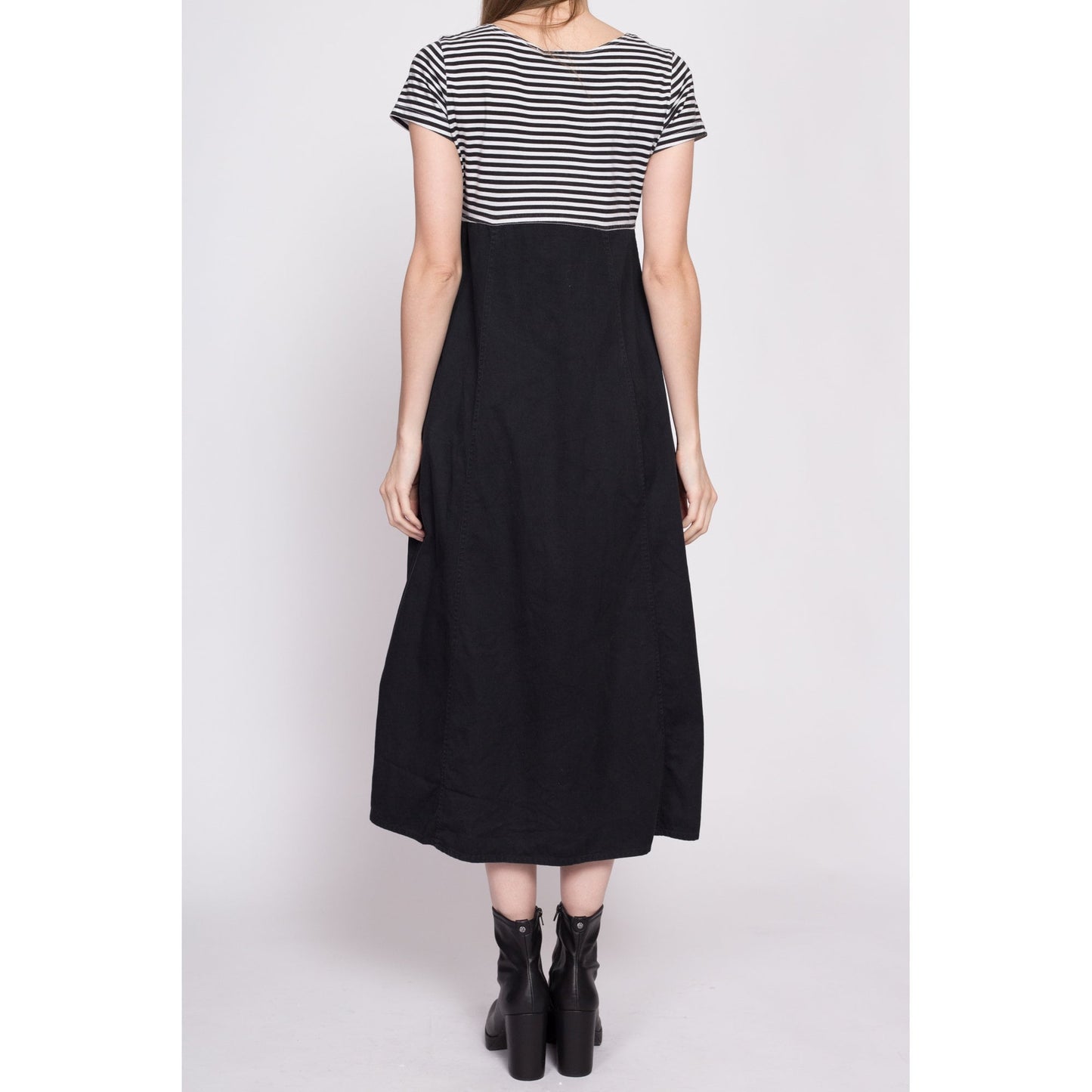 90s Grunge Two Tone Striped Midi Dress - Small | Vintage Button Front A Line Black & White Pocket Dress