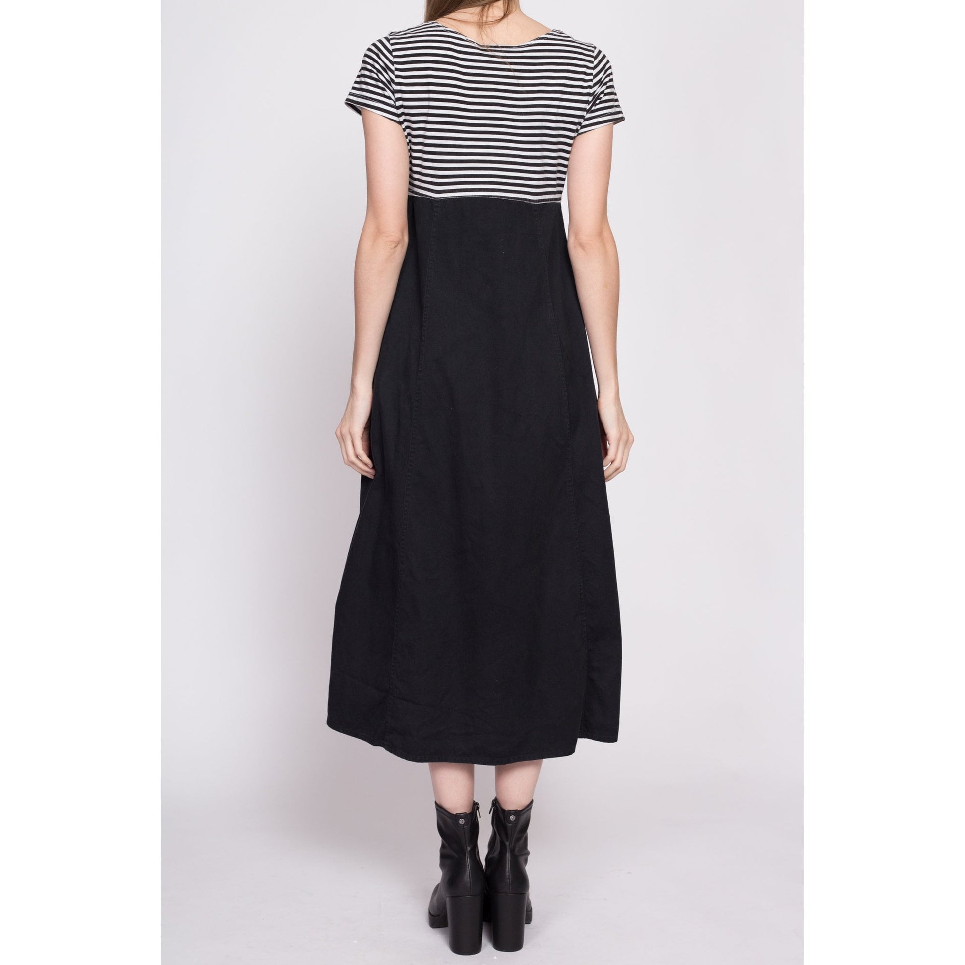 90s Grunge Two Tone Striped Midi Dress - Small | Vintage Button Front A Line Black & White Pocket Dress