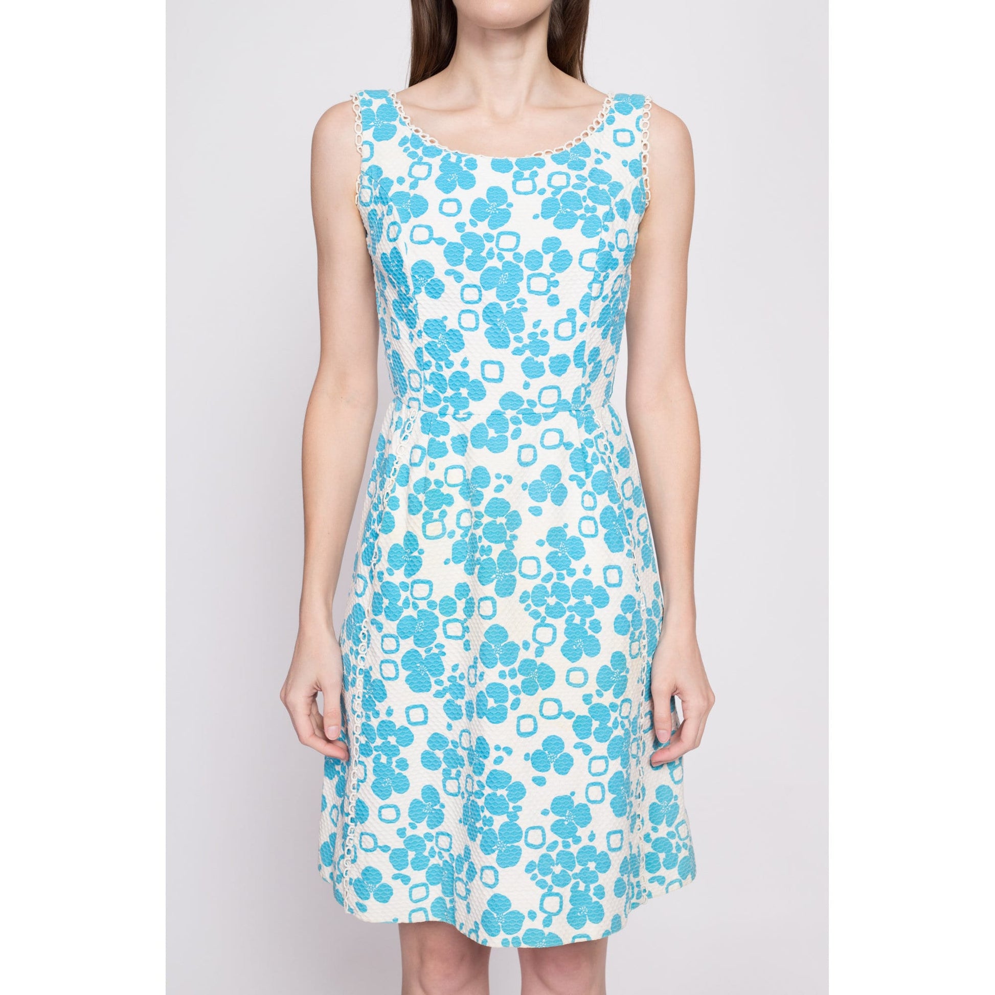 60s Blue & White Floral A Line Dress, As Is - Extra Small | Vintage Midge Grant Sleeveless Retro Pocket Mini Dress