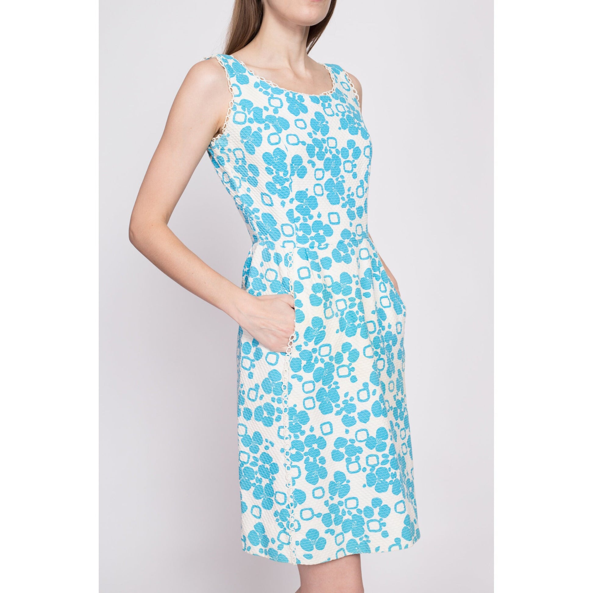 60s Blue & White Floral A Line Dress, As Is - Extra Small | Vintage Midge Grant Sleeveless Retro Pocket Mini Dress