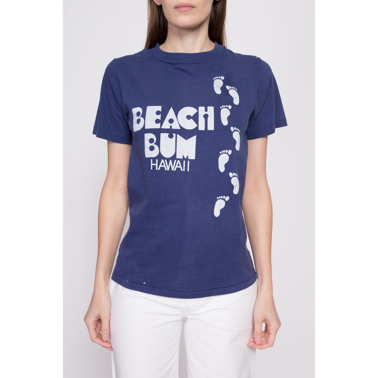 70s Hawaii Beach Bum T Shirt - Unisex Small | Vintage Navy Blue Footprint Graphic Tourist Tee