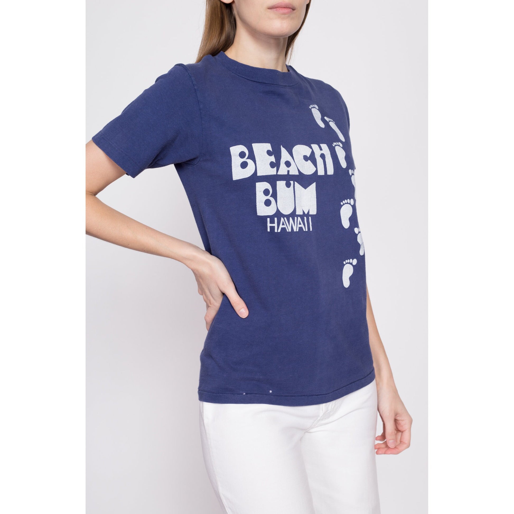 70s Hawaii Beach Bum T Shirt - Unisex Small | Vintage Navy Blue Footprint Graphic Tourist Tee