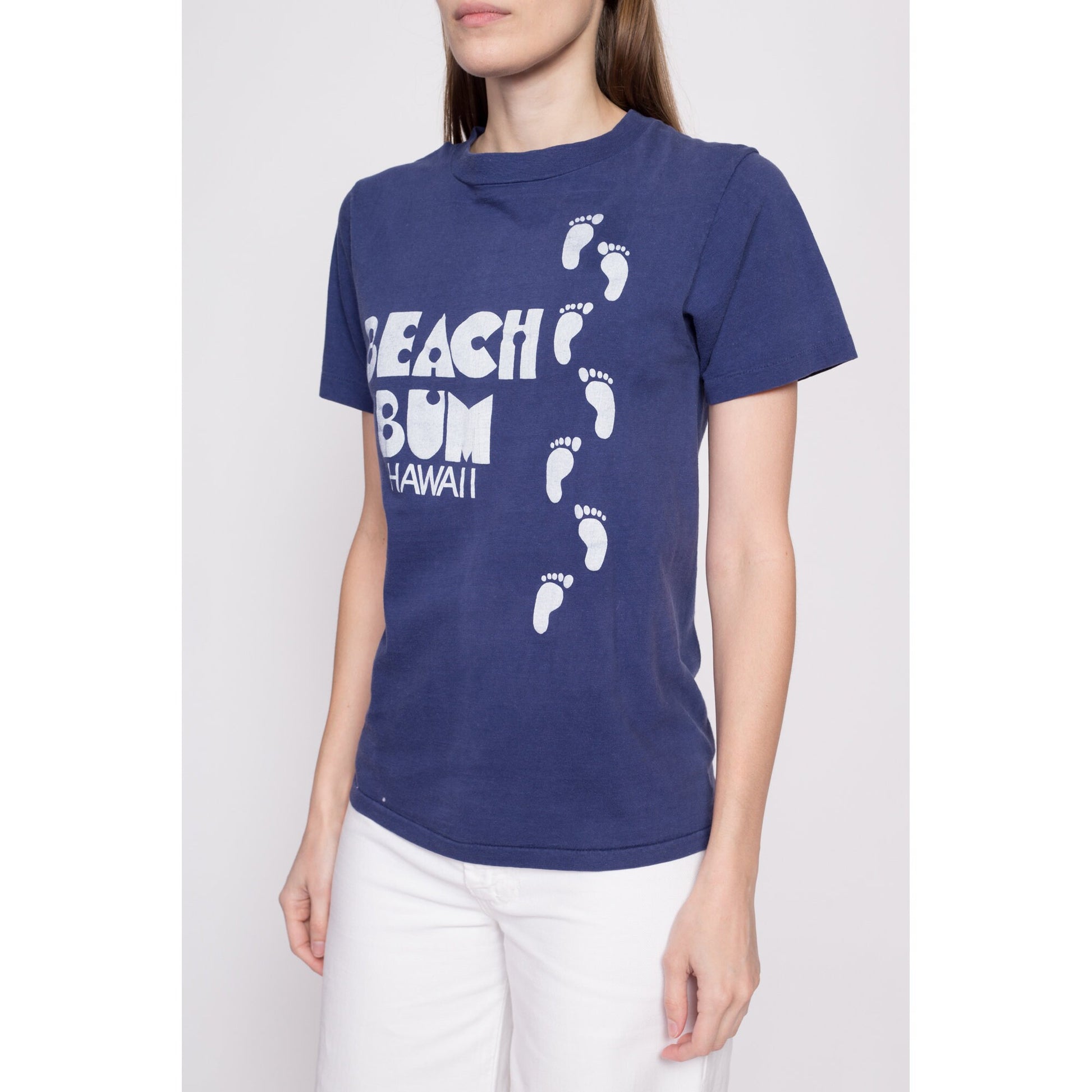 70s Hawaii Beach Bum T Shirt - Unisex Small | Vintage Navy Blue Footprint Graphic Tourist Tee