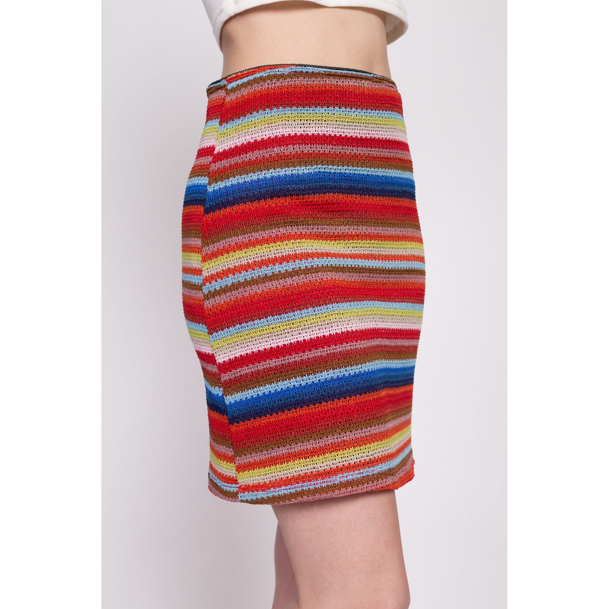 Y2K Colorful Striped Knit Mini Skirt - Medium | Vintage High Waisted Stretchy Fitted Skirt