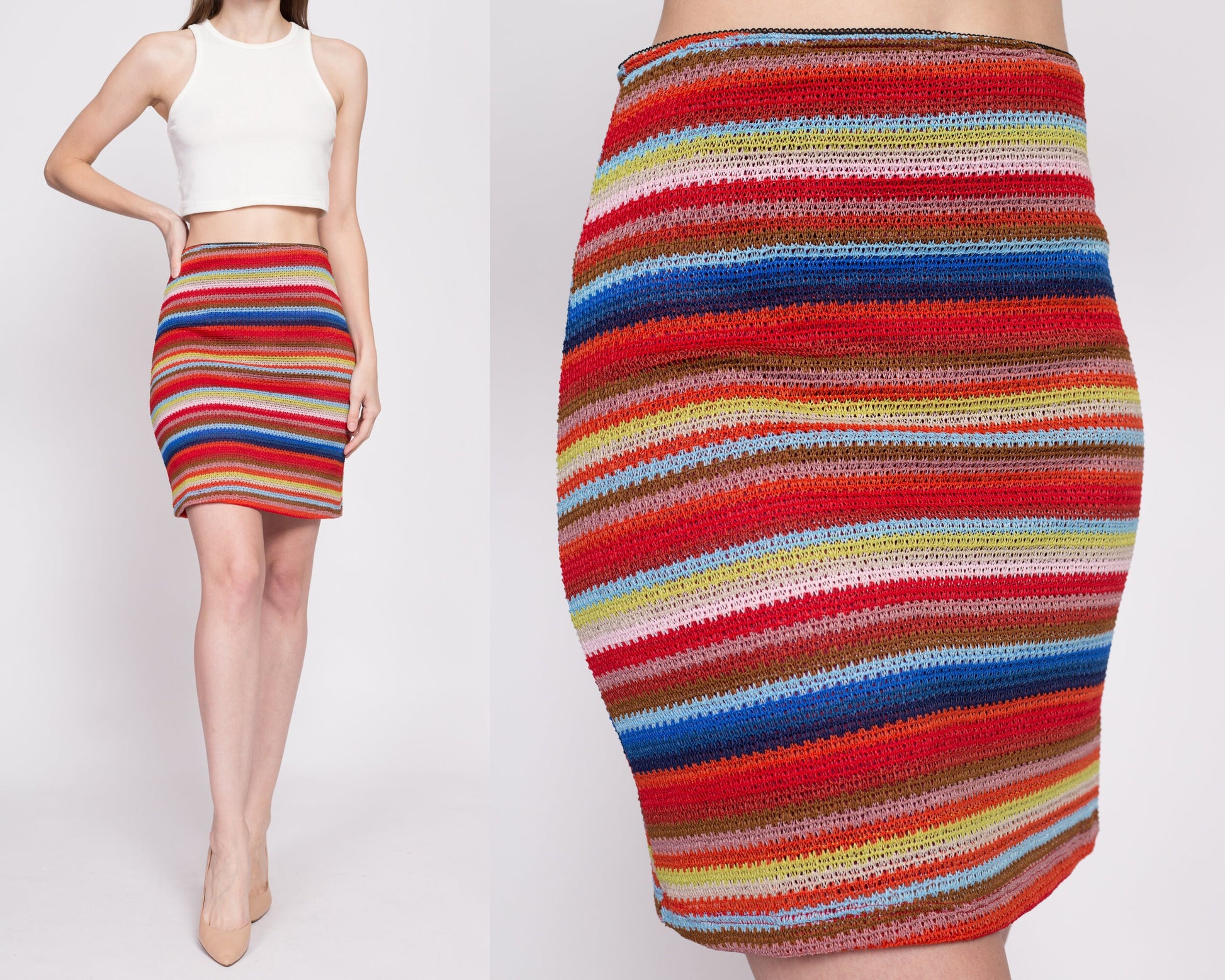 Y2K Colorful Striped Knit Mini Skirt - Medium | Vintage High Waisted Stretchy Fitted Skirt