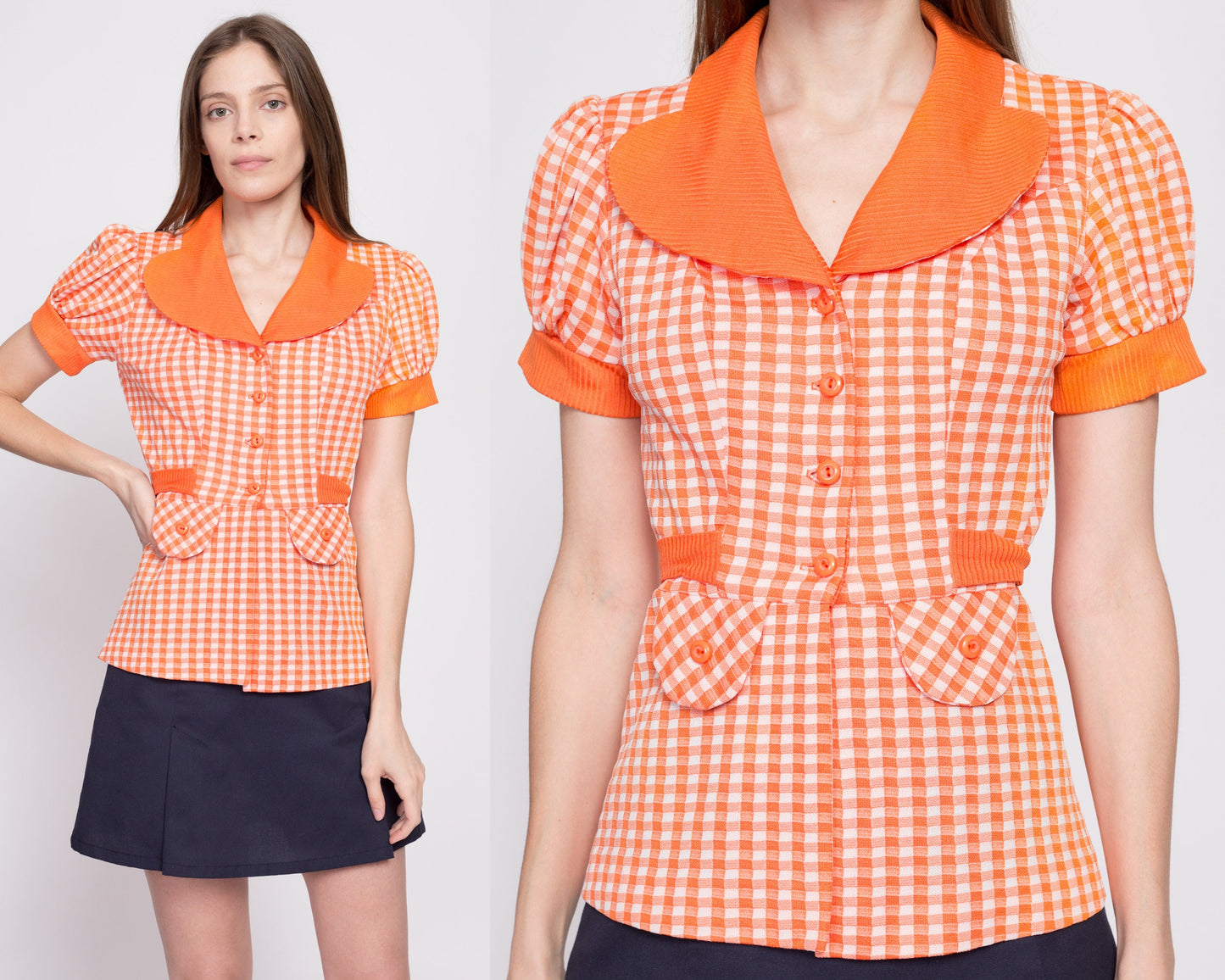 70s Orange Gingham Puff Sleeve Top - Small | Retro Vintage Petal Collar Button Up Collared Shirt