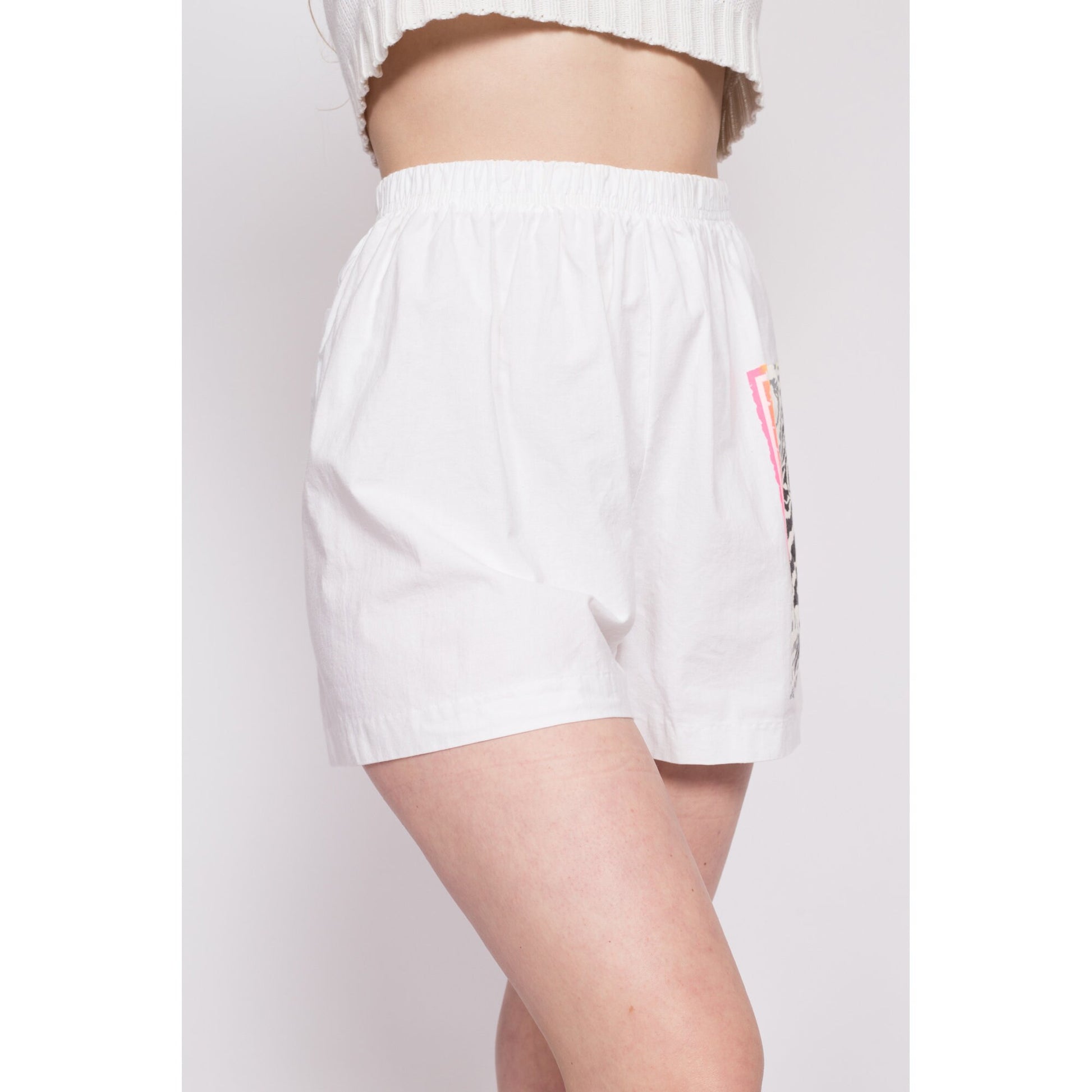 90s Zebra Graphic Cotton Shorts - Medium | Vintage White High Rise Elastic Waist Casual Beach Surf Shorts