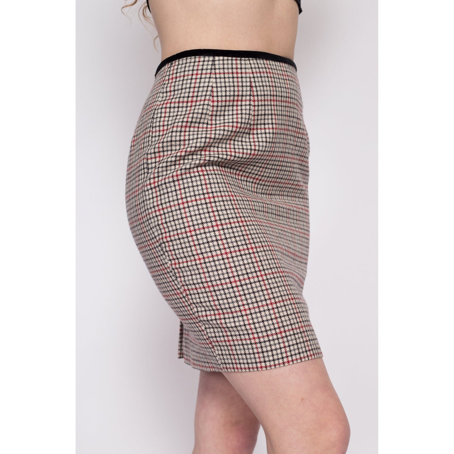 90s Plaid Wool Mini Pencil Skirt - Small, 27" | Vintage Velvet Trim Fitted High Waisted Preppy Schoolgirl Miniskirt