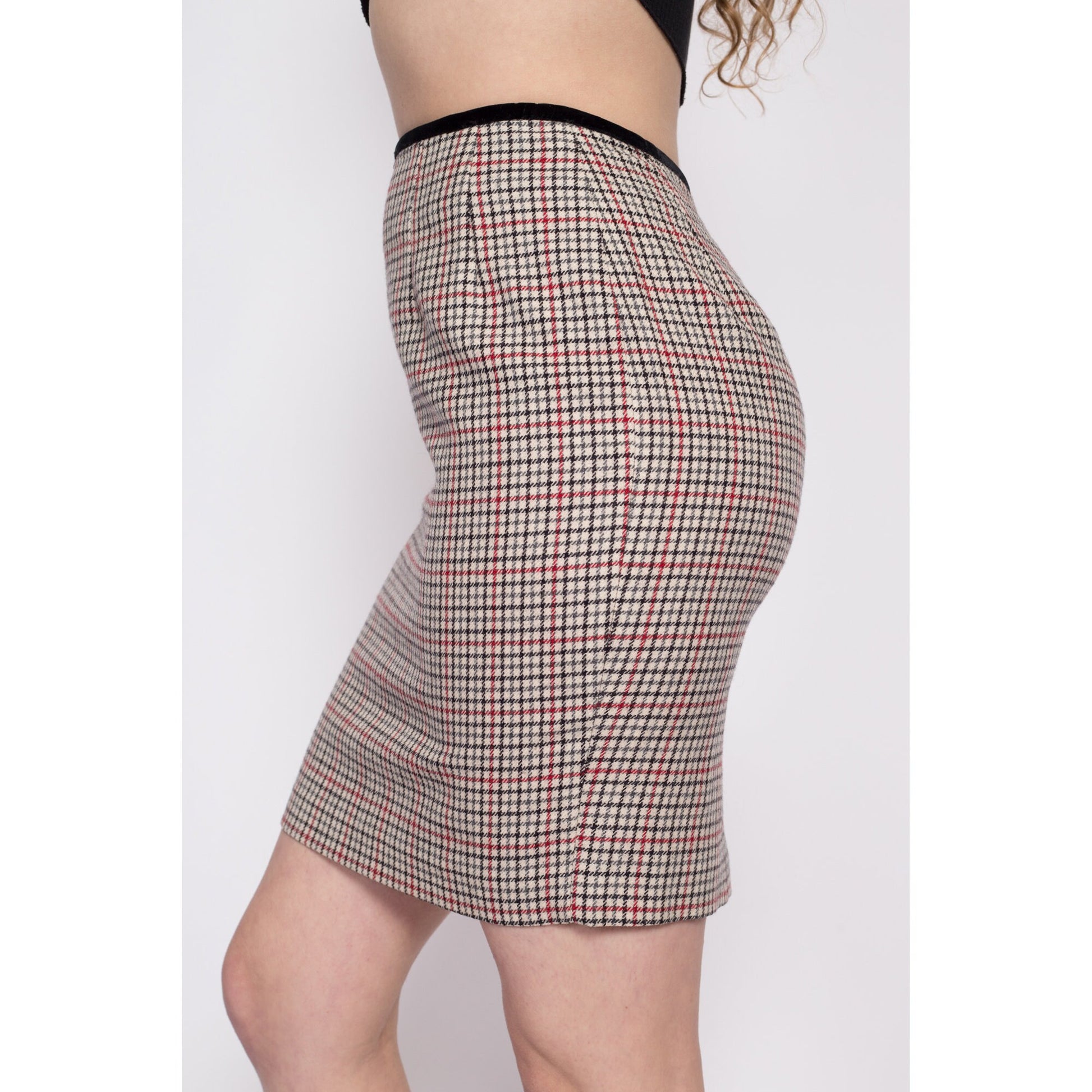 90s Plaid Wool Mini Pencil Skirt - Small, 27" | Vintage Velvet Trim Fitted High Waisted Preppy Schoolgirl Miniskirt
