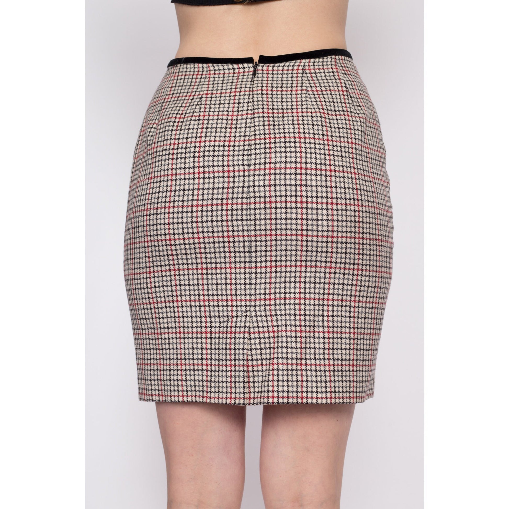 90s Plaid Wool Mini Pencil Skirt - Small, 27" | Vintage Velvet Trim Fitted High Waisted Preppy Schoolgirl Miniskirt