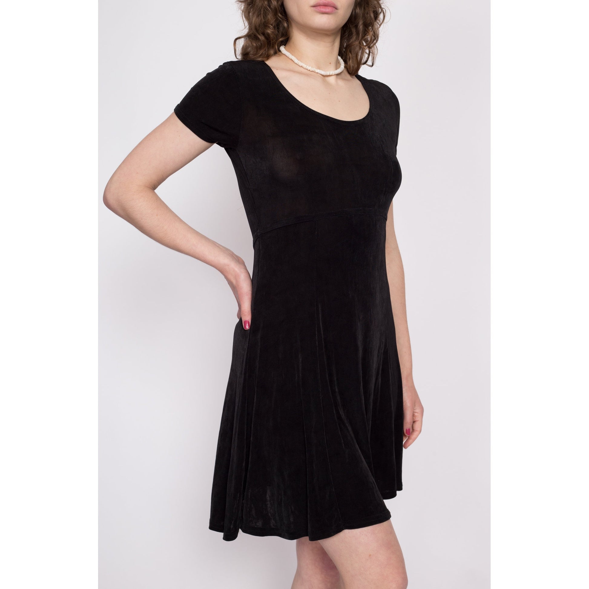 90s Minimalist Black Slinky Mini Dress - Small to Medium | Vintage Short Sleeve Stretchy Scoop Neck Grunge Dress
