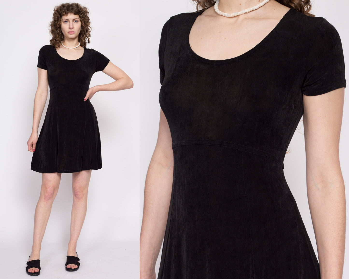 90s Minimalist Black Slinky Mini Dress - Small to Medium | Vintage Short Sleeve Stretchy Scoop Neck Grunge Dress