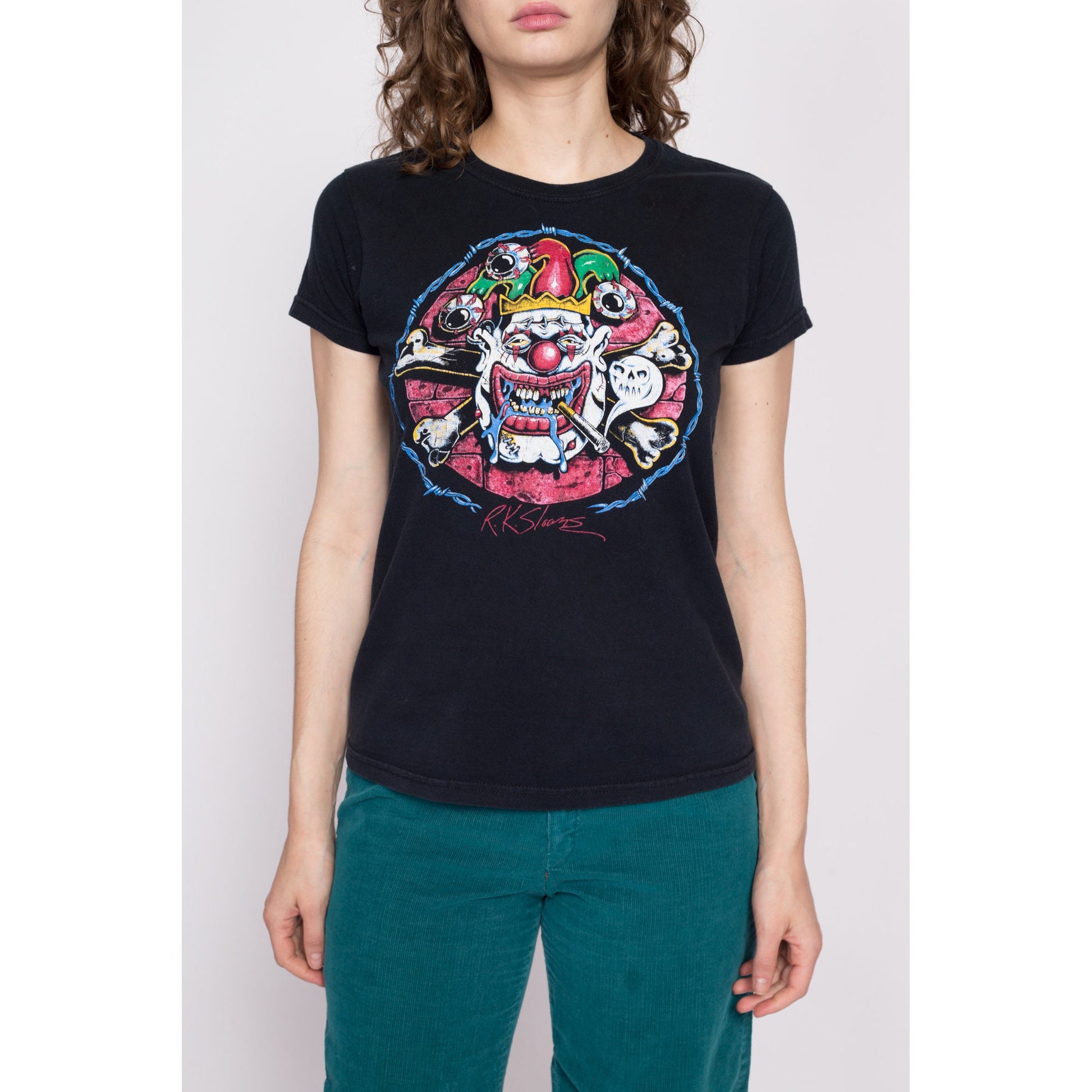 90s RK Sloane Sicko The Clown Art Print T Shirt - Medium | Vintage Rat Fink Comic Graphic Artist Fitted Tee