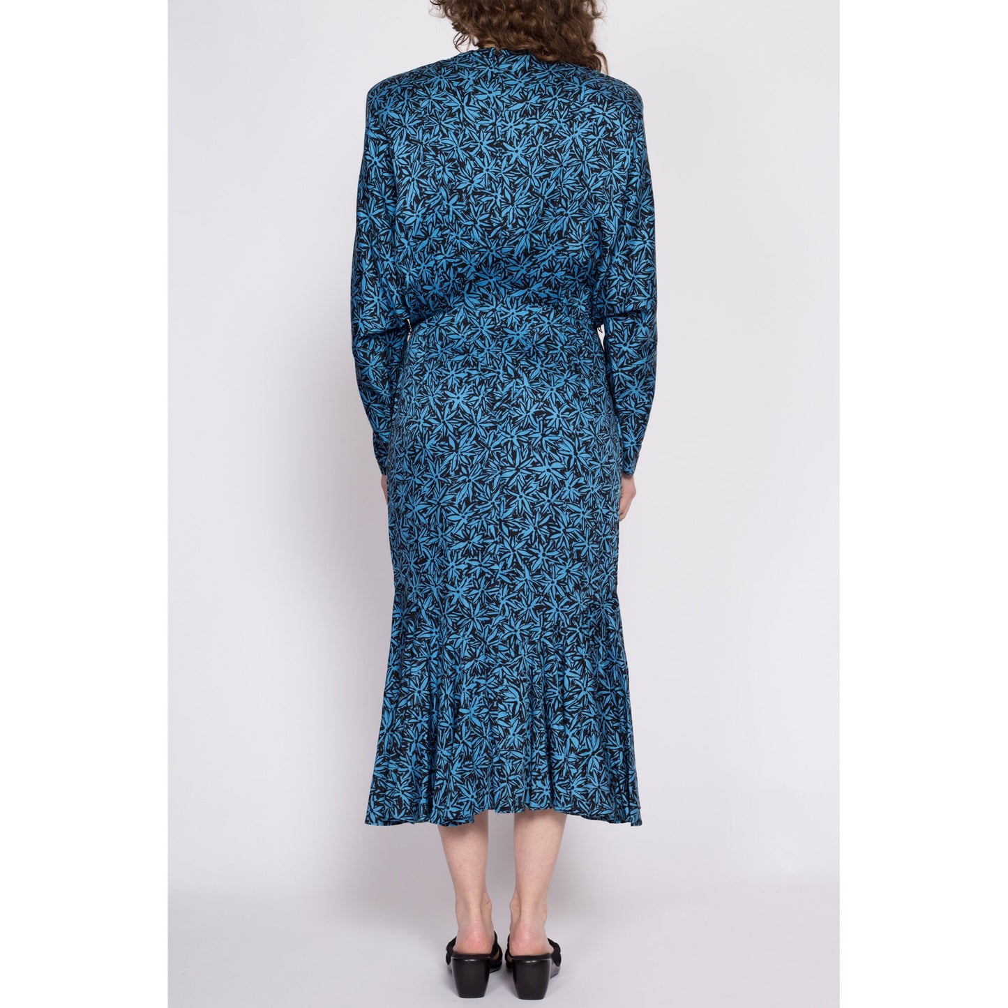 80s Nicole Miller Blue Floral Batwing Sleeve Dress - Medium | Vintage Designer Long Sleeve Midi Secretary Dress