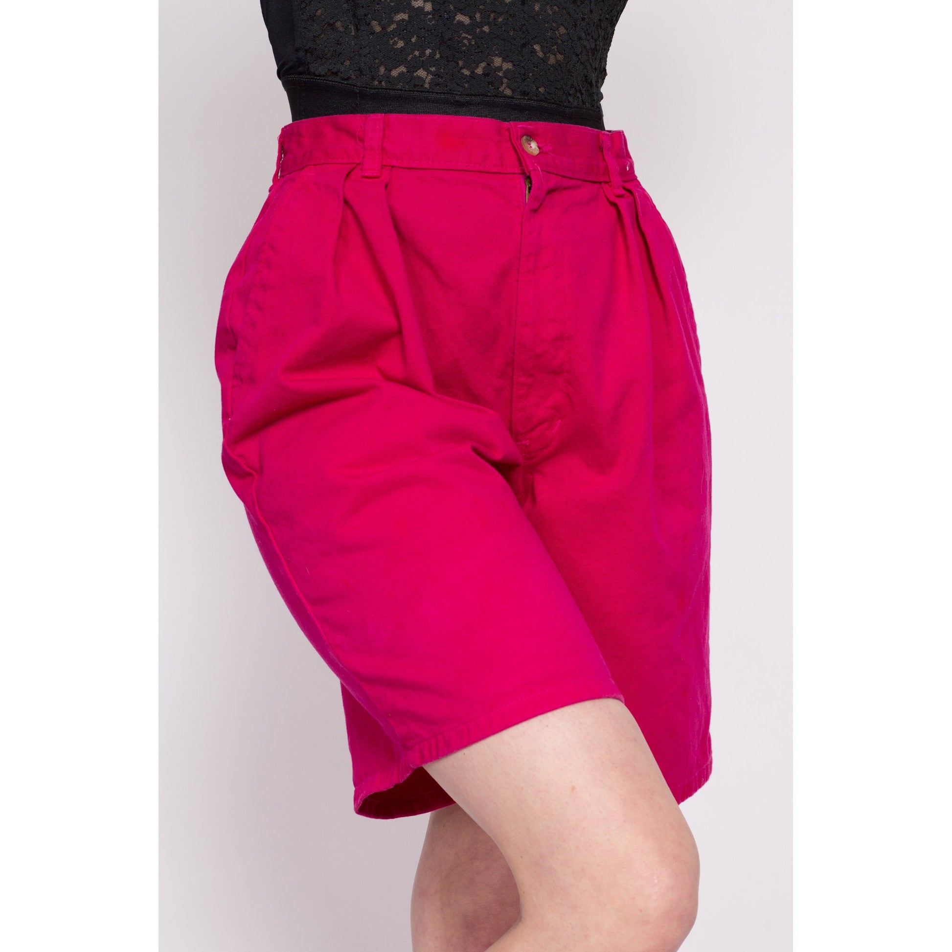 90s Hot Pink Pleated High Waisted Shorts - Medium, 28" | Vintage Magenta Cotton Denim Mom Shorts