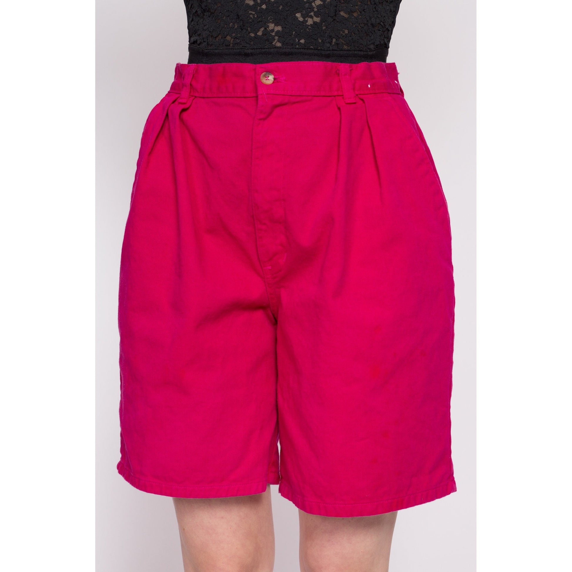 90s Hot Pink Pleated High Waisted Shorts - Medium, 28" | Vintage Magenta Cotton Denim Mom Shorts