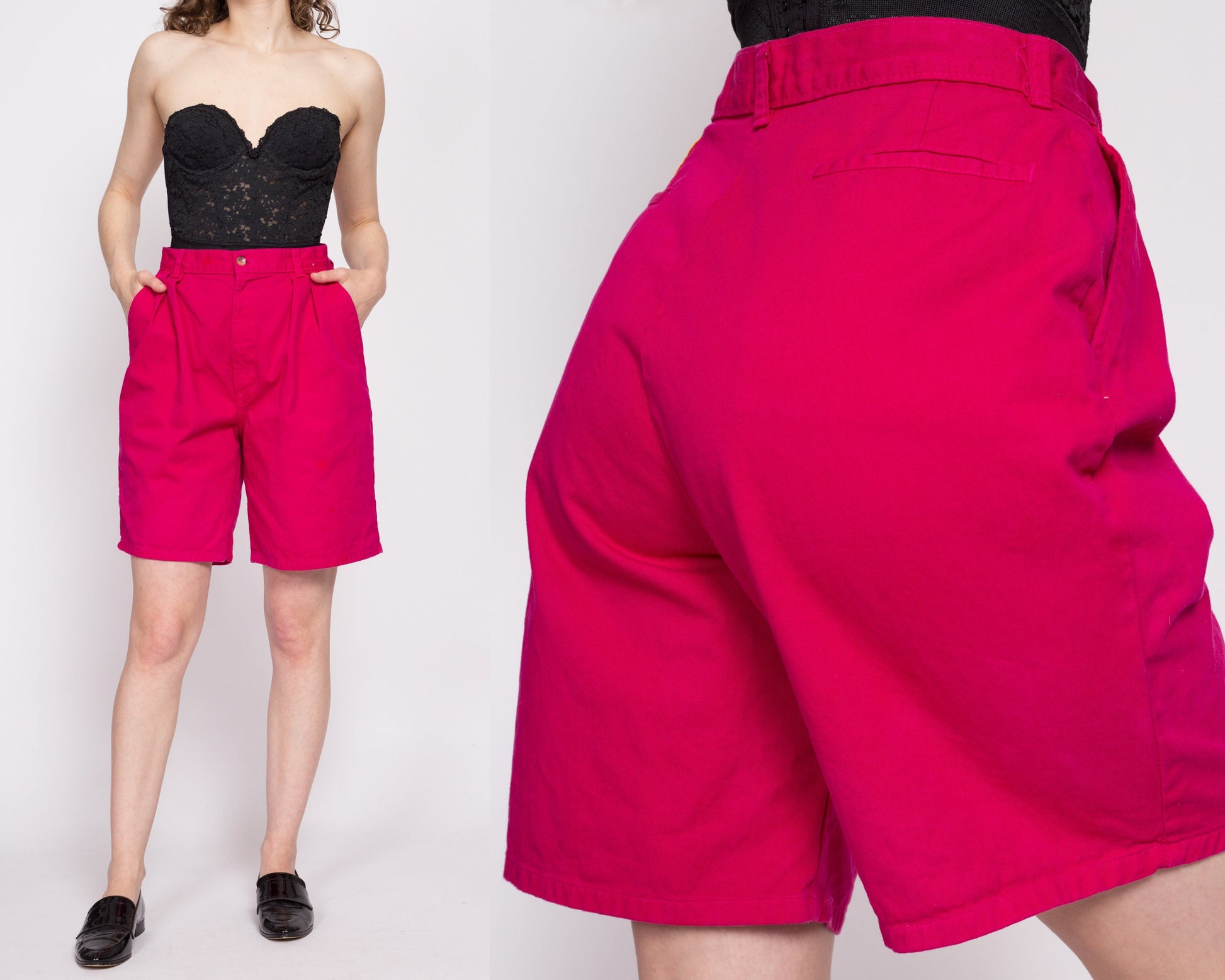 90s Hot Pink Pleated High Waisted Shorts - Medium, 28" | Vintage Magenta Cotton Denim Mom Shorts