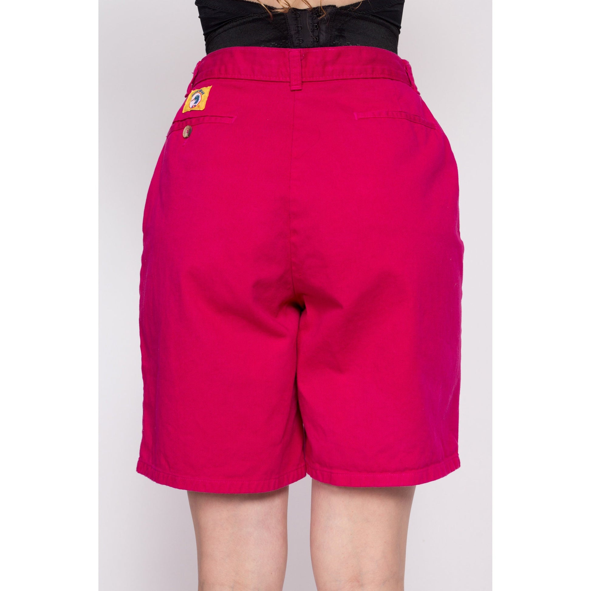 90s Hot Pink Pleated High Waisted Shorts - Medium, 28" | Vintage Magenta Cotton Denim Mom Shorts